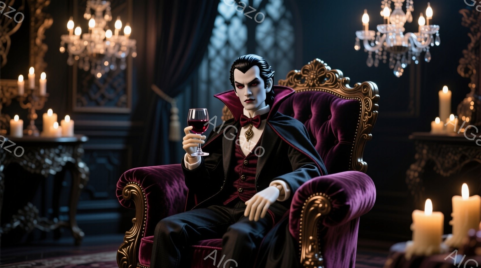深紅のベルベットの肘掛け椅子に座る男性は、黒いスーツに赤い蝶ネクタイを締め、整った黒髪と蒼白い肌が特徴的です。片手にワイングラスを持ち、どこか退屈そうな表情を浮かべています。背景には、装飾的な家具やたくさんの蝋燭が並び、重厚で少し不気味な雰囲気を醸し出しています。