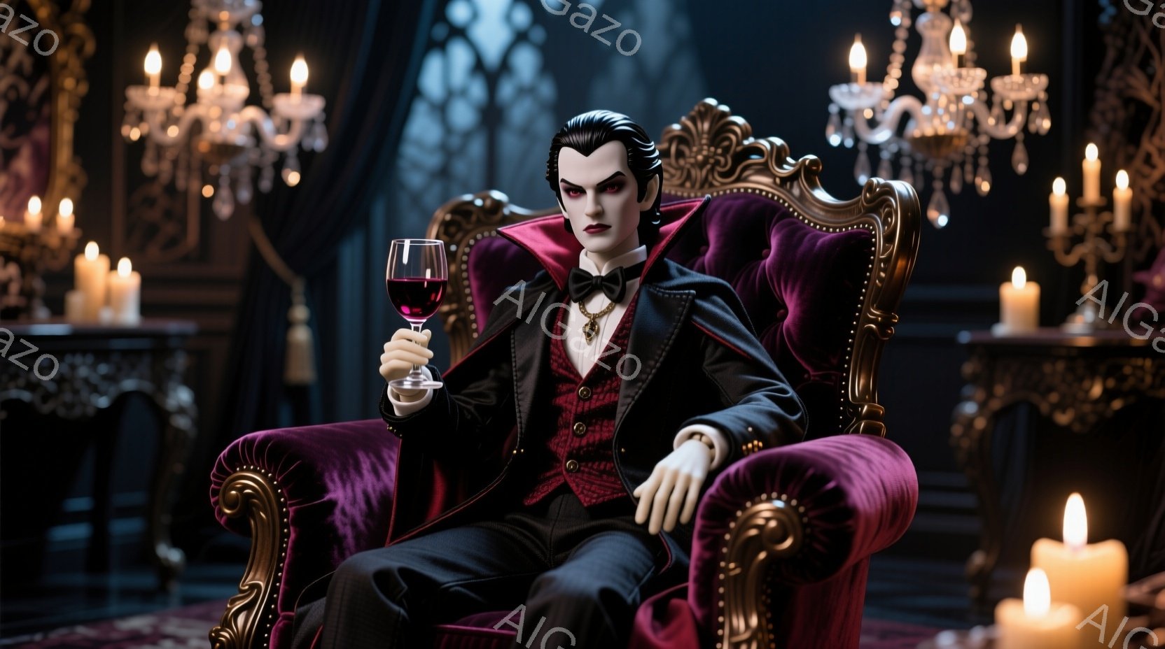 深紅のベルベットの肘掛け椅子に座った男性は、黒いスーツと赤いベストを身に着け、首にはボウタイを締めています。彼は片手にワイングラスを持ち、自信とわずかな微笑みを浮かべた表情をしています。背景には、燭台の明かりが灯る豪華な内装が広がっており、全体的にミステリアスで洗練された雰囲気を醸し出しています。