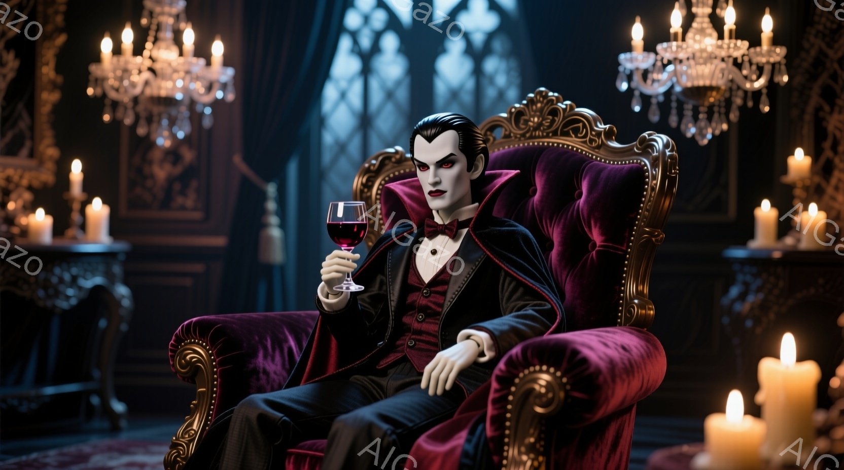 鮮やかな赤いベルベットの椅子に座った男性は、黒いスーツと赤い蝶ネクタイを身に着け、優雅な姿勢を保っています。彼はワイングラスを手に、やや挑戦的な表情を浮かべており、その白く整った顔立ちが印象的です。背 - AI生成フリー素材