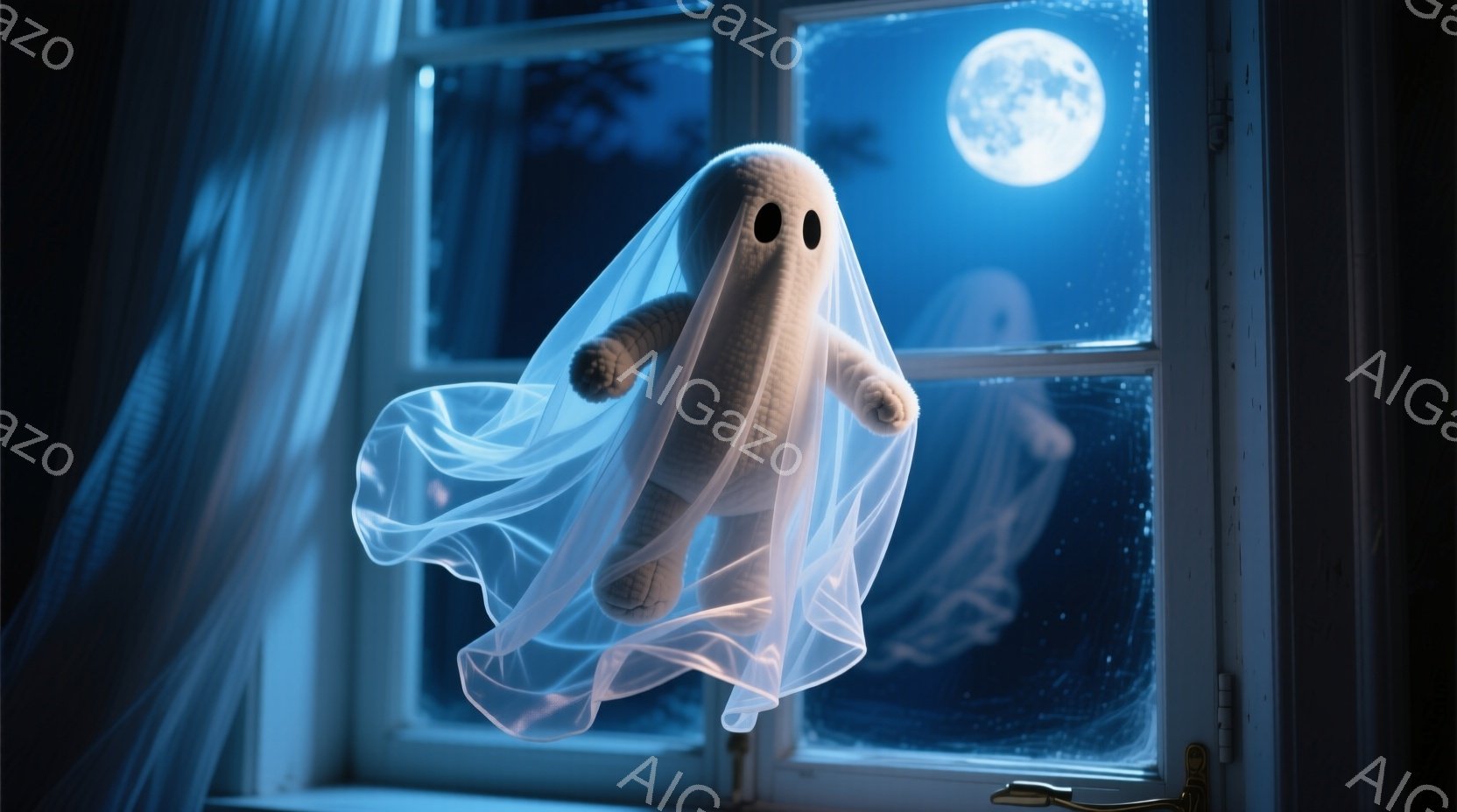 白い幽霊のような形をした柔らかいぬいぐるみのおもちゃが、白い布で覆われた状態で窓から浮かび上がっています。背景には、暗い夜空に輝く満月と、シルエットで描かれた建物や木々が見え、薄暗く幻想的な雰囲気を醸し出しています。全体的に、静かで少し不気味な、ハロウィンのような雰囲気を表現しています。