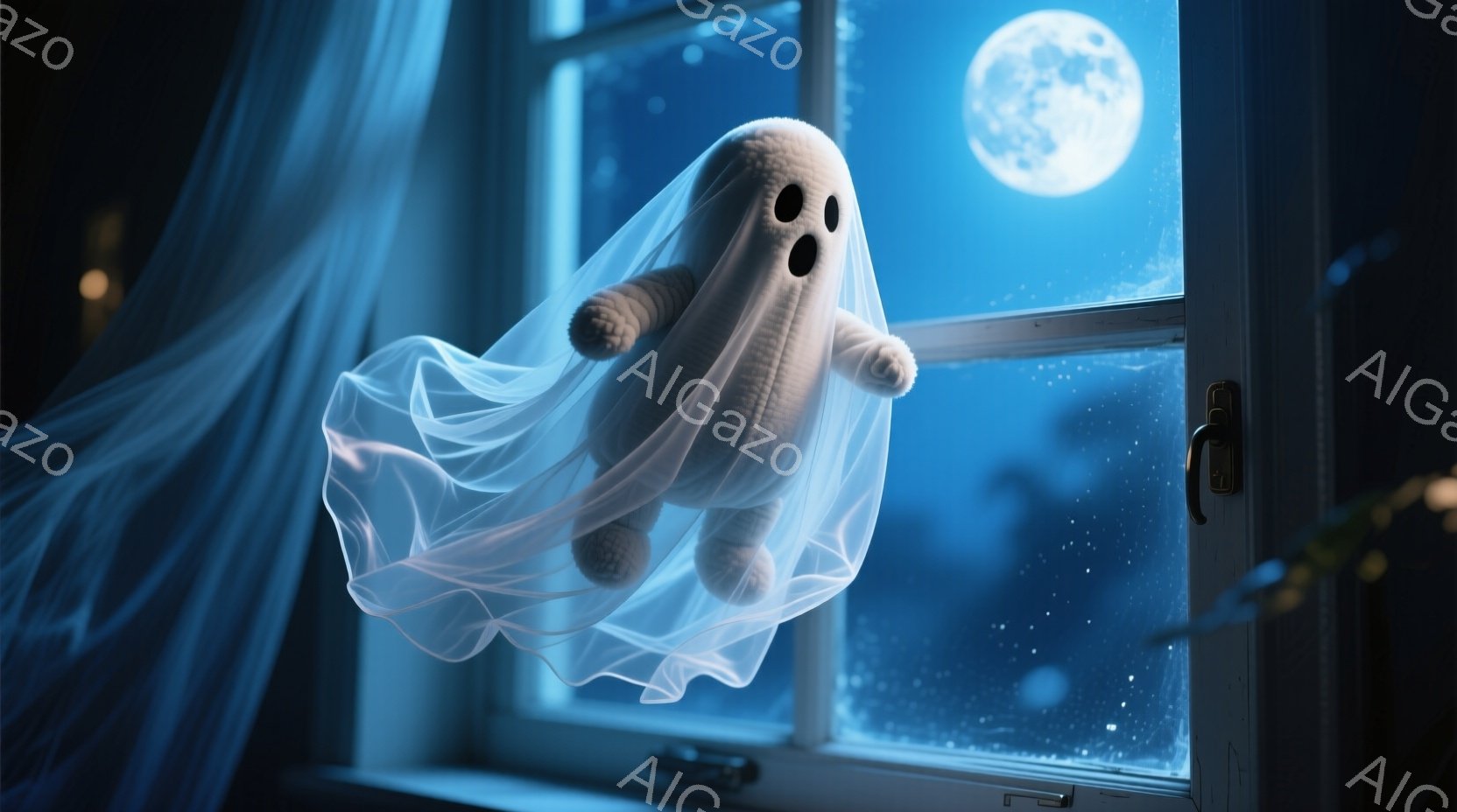 白い幽霊の姿をしたぬいぐるみ（おそらくおもちゃ）が、窓の外に浮かんでいます。月明かりが窓から差し込み、背景にはぼんやりとした夜の風景が見え、幻想的な雰囲気を醸し出しています。月の光と幽霊の白い布が組み合わさり、少し不気味でありながら可愛らしい印象を与えます。