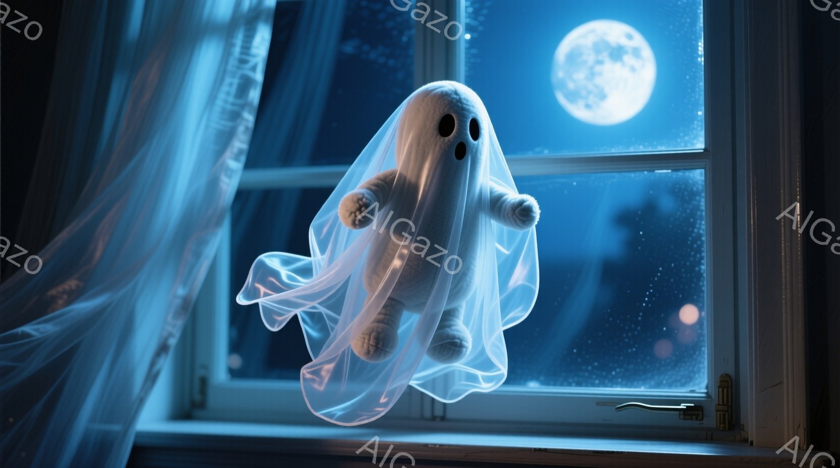 白い布を被った小さな幽霊が窓から浮かび上がっています。その表情はシンプルで可愛らしく、丸い目が特徴的です。背景には満月が輝き、夜空と窓枠が幽霊の存在を際立たせており、幻想的で少し不気味な雰囲気を醸し出しています。