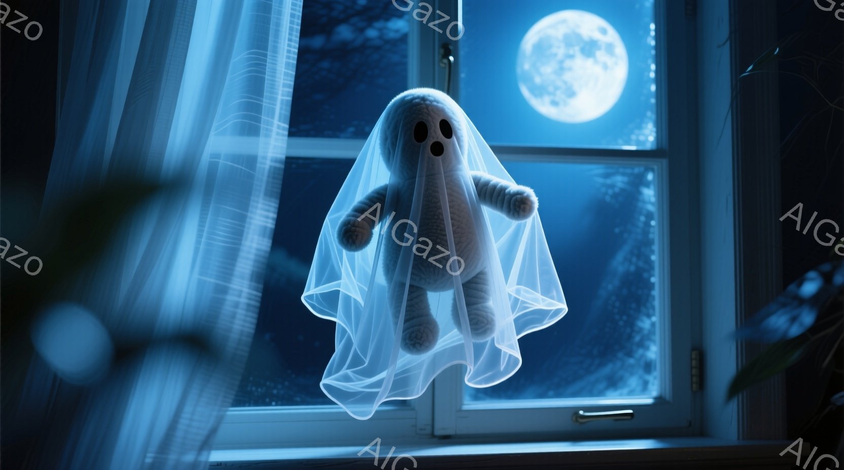 白い窓辺に、幽霊の衣装をまとったテディベアが浮かんでいる。夜空には満月が輝き、窓の外は暗闇に包まれ、不気味ながらも可愛らしい雰囲気を醸し出している。カーテンや植物の緑が、冷たい月光に照らされ、全体の幻想的な雰囲気を高めている。