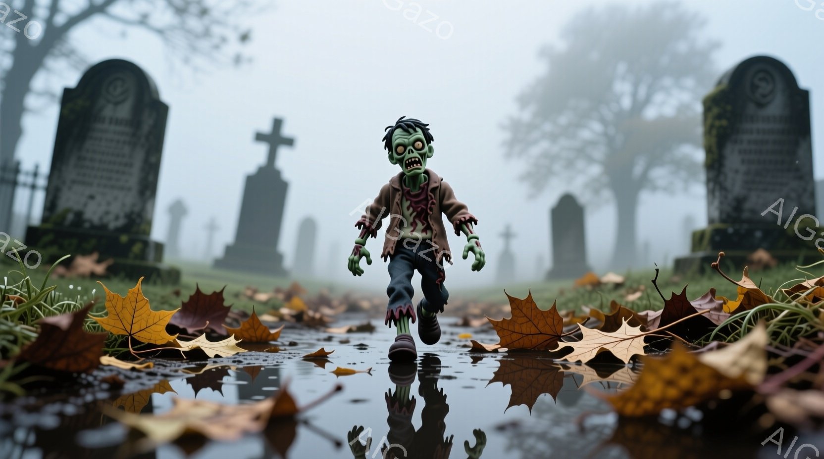 荒れ果てた墓地の泥道を、緑色の肌をしたゾンビがよろめきながら走っている。ボロボロの服を着ており、片腕は大きく裂けている。背景には霧に包まれた墓石が立ち並び、落ち葉が散らばる地面と相まって、不気味で陰鬱な雰囲気を醸し出している。