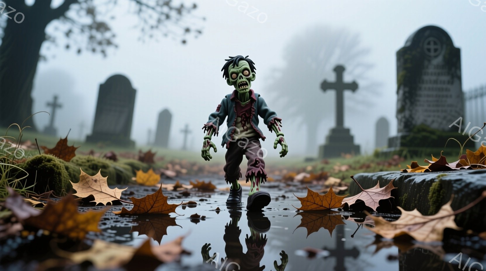 荒れ果てた墓地の泥道に、緑色のゾンビがよろよろと歩いている。ボロボロの服を着て、髪は逆立ち、顔は歪んで不気味な笑みを浮かべている。背景には霧に包まれた墓石が立ち並び、落ち葉が散らばり、全体的に陰鬱で不気味な雰囲気を醸し出している。