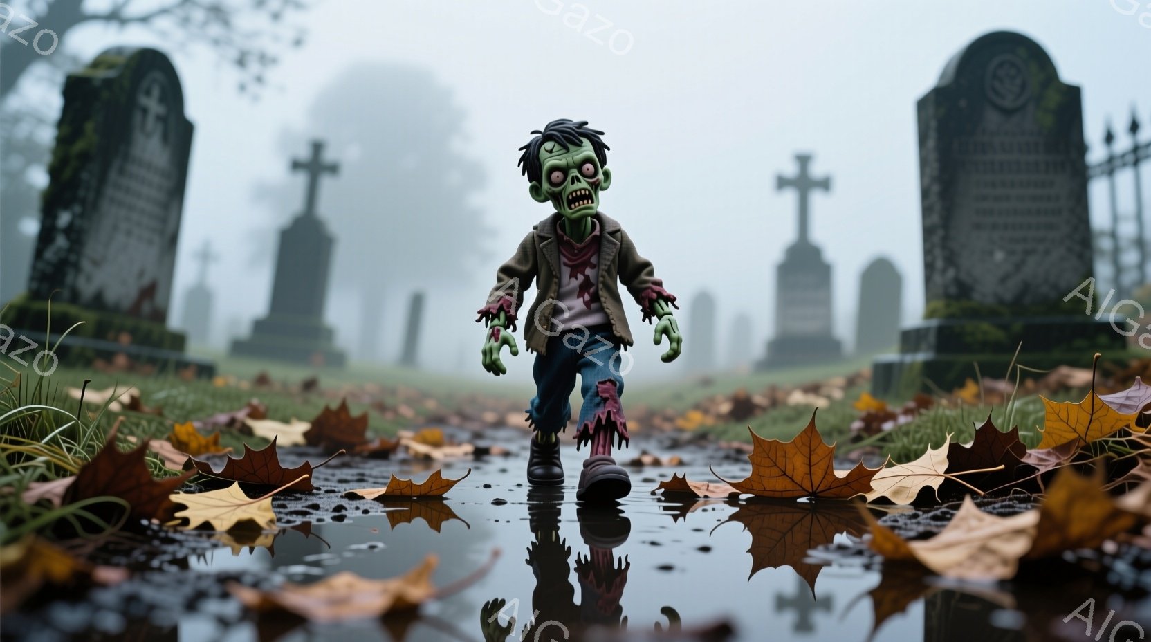 墓地の水たまりの中を歩く、緑色のゾンビが写っています。ゾンビは断片化された服を着ており、髪は乱れており、顔は不気味な笑みを浮かべています。背景には霧に包まれた墓石やフェンスが見え、全体的に不気味で陰鬱な雰囲気が漂っています。