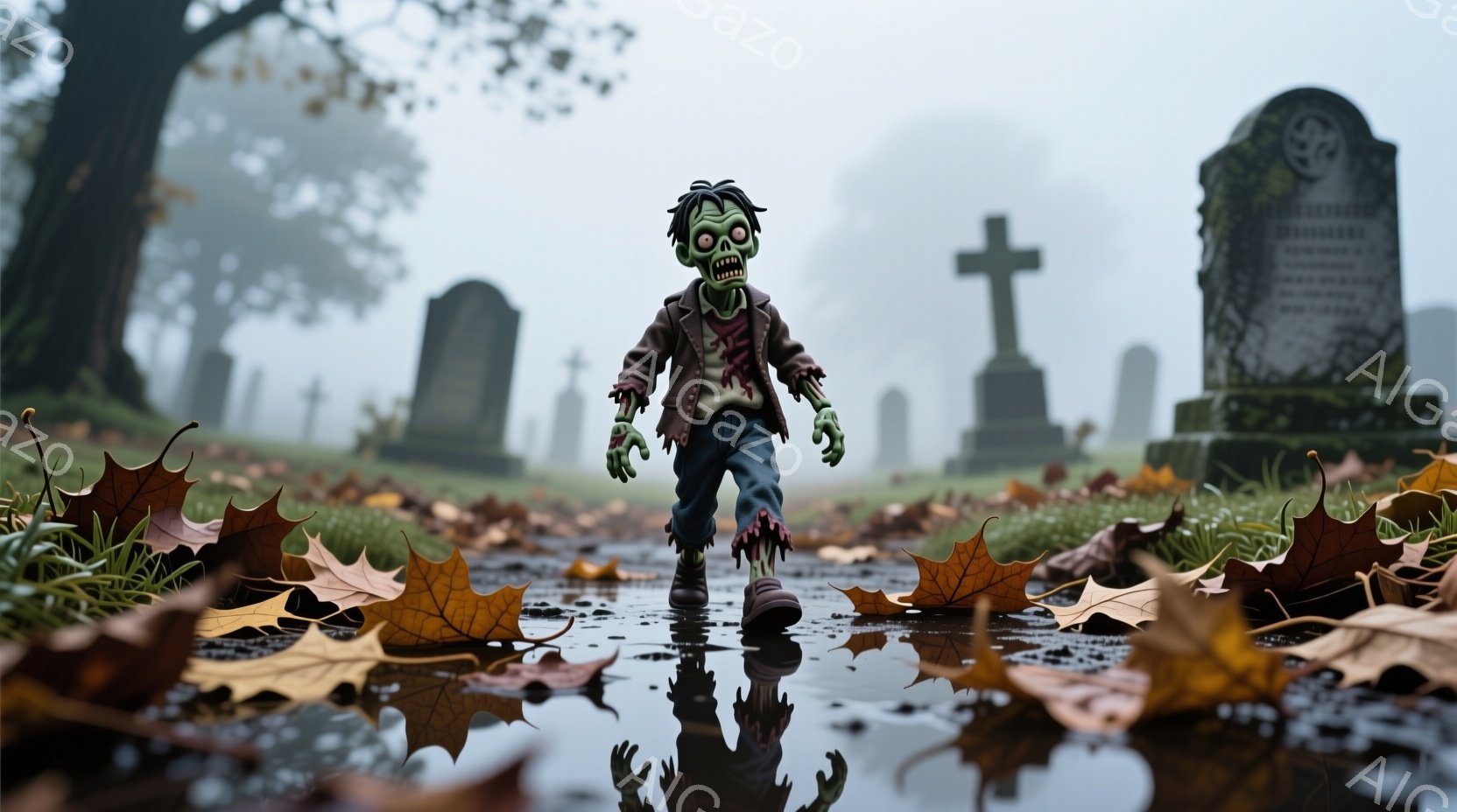 墓地を歩くゾンビが描かれています。彼はボロボロのジャケットとシャツを着ており、緑色の顔には傷跡があり、不気味な笑みを浮かべています。背景には霧に包まれた墓石が立ち並び、地面には落ち葉と水たまりが見られ、全体的に不気味で陰鬱な雰囲気を醸し出しています。