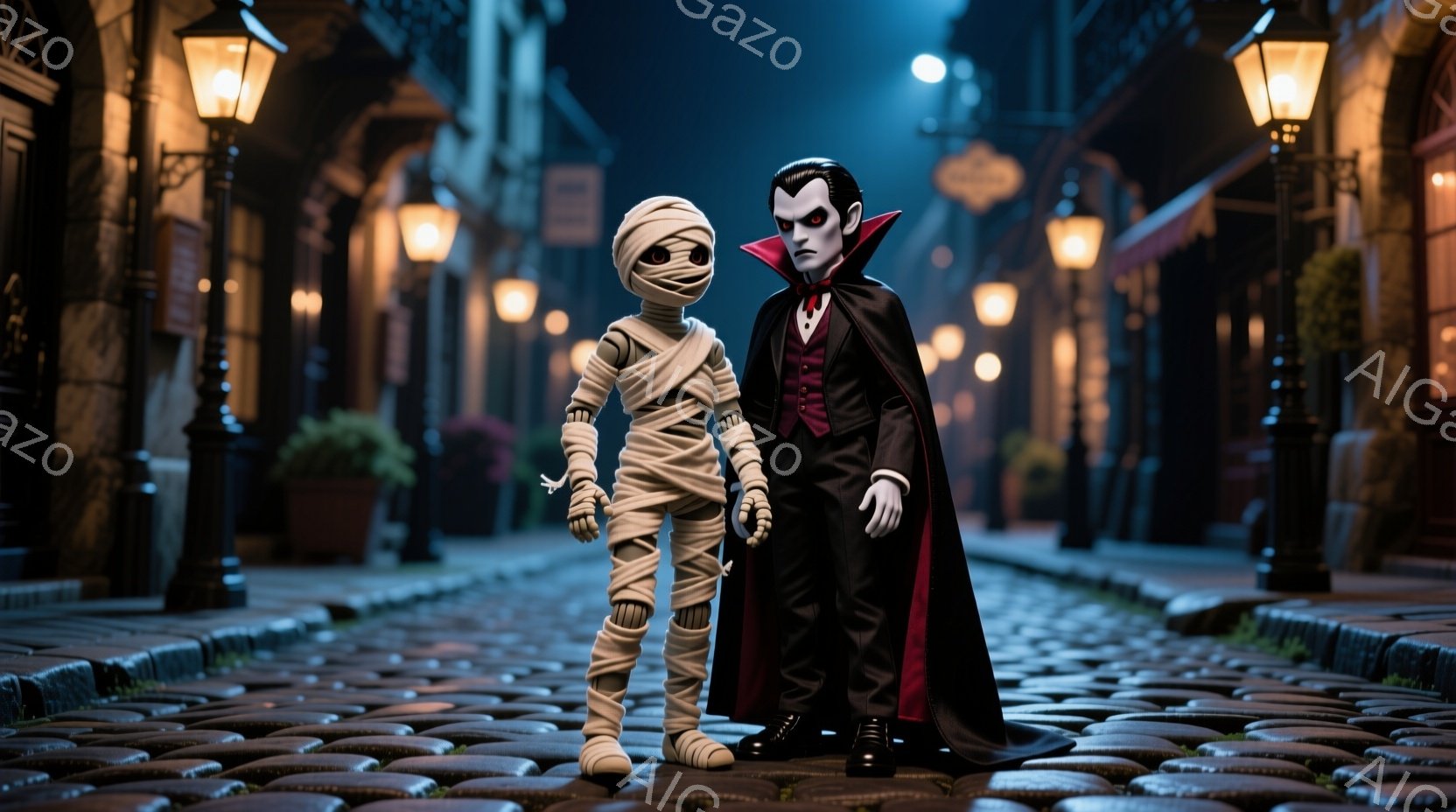 石畳の道に、ミイラと吸血鬼の男性が並んで立っている。ミイラは全身を包帯で覆われ、吸血鬼は黒いスーツに赤い裏地のある黒いケープを羽織り、整髪された髪と鋭い表情をしている。背景には、点灯した街灯と、窓から光が漏れる古い建物が並び、夜の不気味な雰囲気を醸し出している。