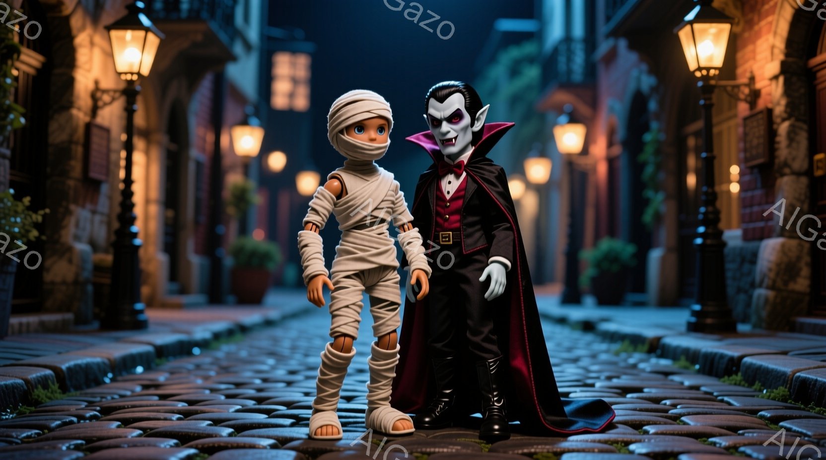 舗装された石畳の通りに、ミイラと吸血鬼のフィギュアが立っている。ミイラは全身包帯で覆われ、黄色い靴を履いている。吸血鬼は黒いスーツと赤い裏地の長いマントを身に着け、鋭い牙と赤い唇で微笑んでいる。