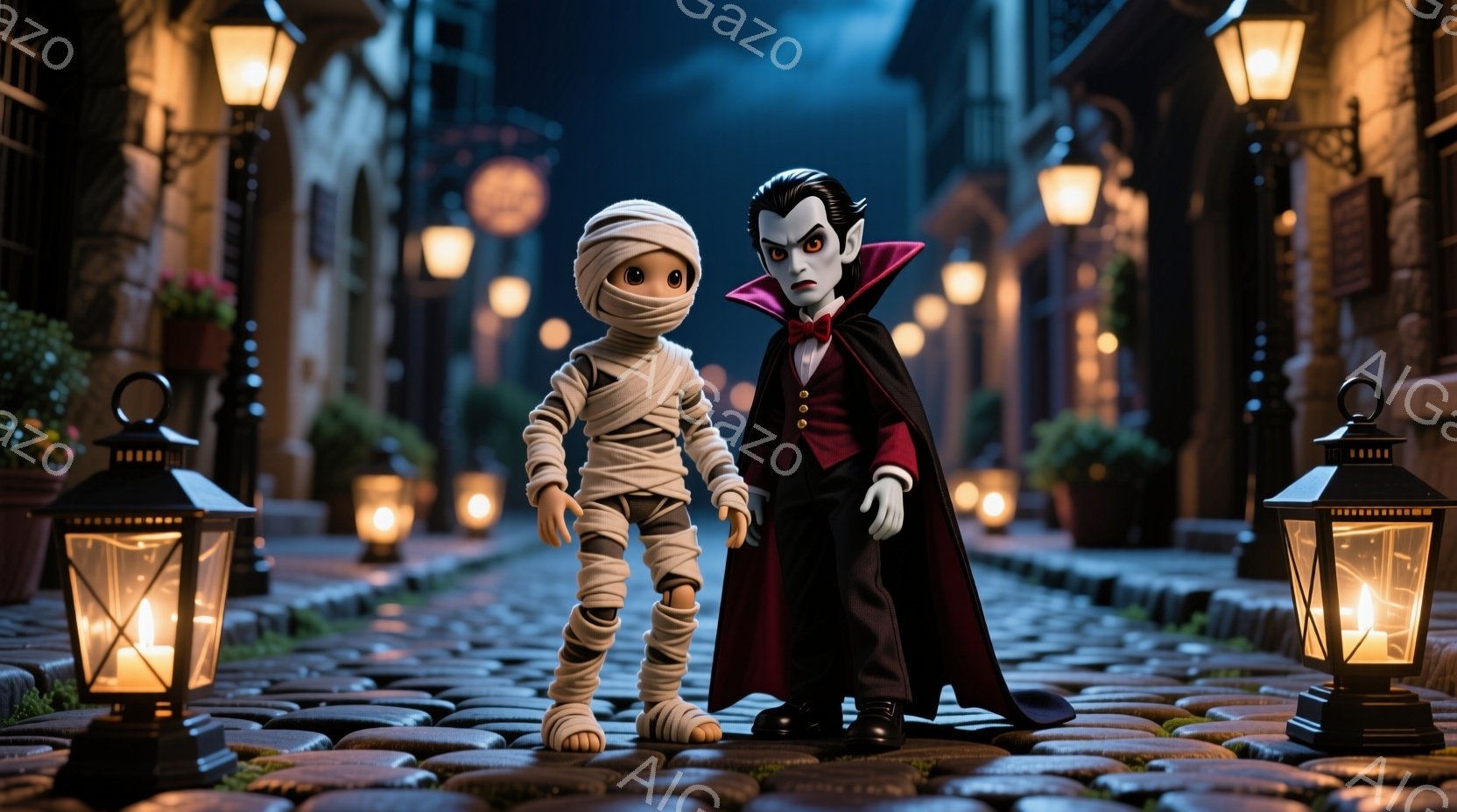 ミイラとドラキュラを模した小さな人形が、石畳の道に立っている。ドラキュラは黒いスーツと赤いマントを着ており、ミイラは包帯で全身を覆っている。背景には古風な建物が並び、街灯が灯り、薄暗く幻想的な雰囲気を醸し出している。