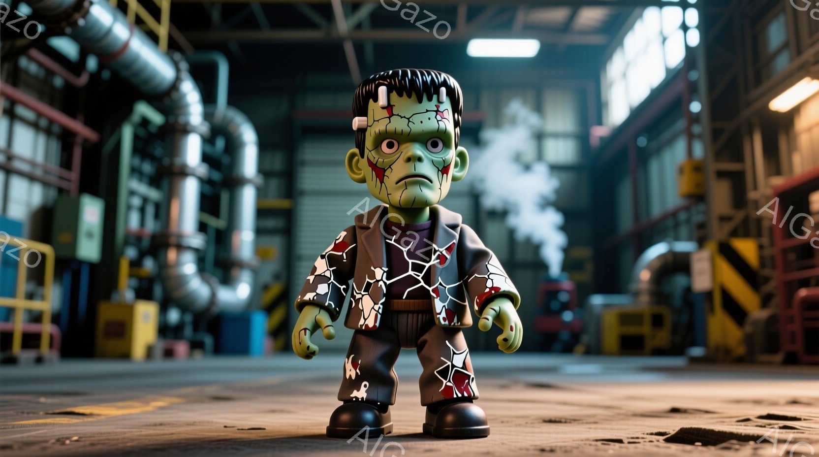 フランクensteinのモンスターを模したおもちゃのような人形が写っています。人形はクラシックなフランクensteinの衣装、つまりダークスーツに電撃のような模様が施され、大きな黒いブーツを履いています。背景は巨大な工業施設で、パイプや機械が複雑に絡み合い、蒸気が立ち上っています。