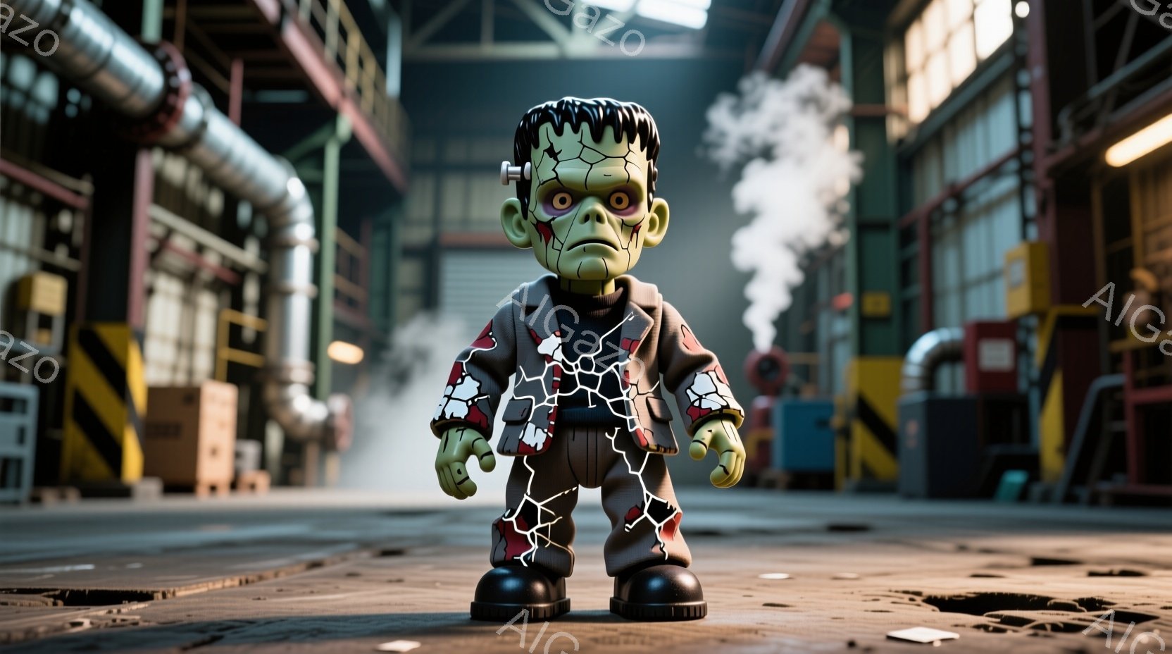 フランケンシュタインをモチーフにした、角ばったデザインのキャラクターが描かれています。キャラクターは緑色の肌に黒髪で、割れた模様が描かれた黒いスーツを着て、不気味な表情をしています。背景は、配管や段ボール箱が並ぶ、薄暗く工業的な倉庫内部で、蒸気が立ち上っている様子が描かれています。