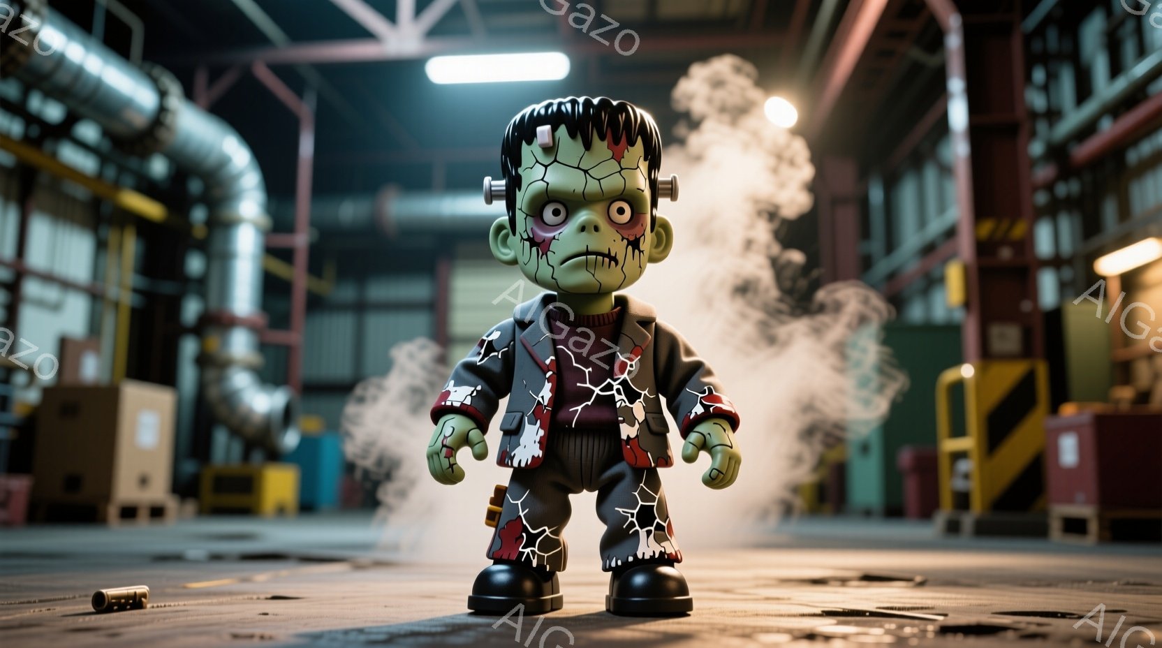 緑色の肌をしたフランケンシュタイン風のロボット人形が、ひび割れ模様の身体で立っている様子を捉えています。人形は黒い髪、黒い靴、そしてひび割れ模様の緑色のスーツと赤いシャツを着ており、顔には縫い目と驚いた表情があります。背景は工場内部で、パイプや機械が走り、薄暗い照明と煙が漂い、やや不気味な雰囲気を醸し出しています。