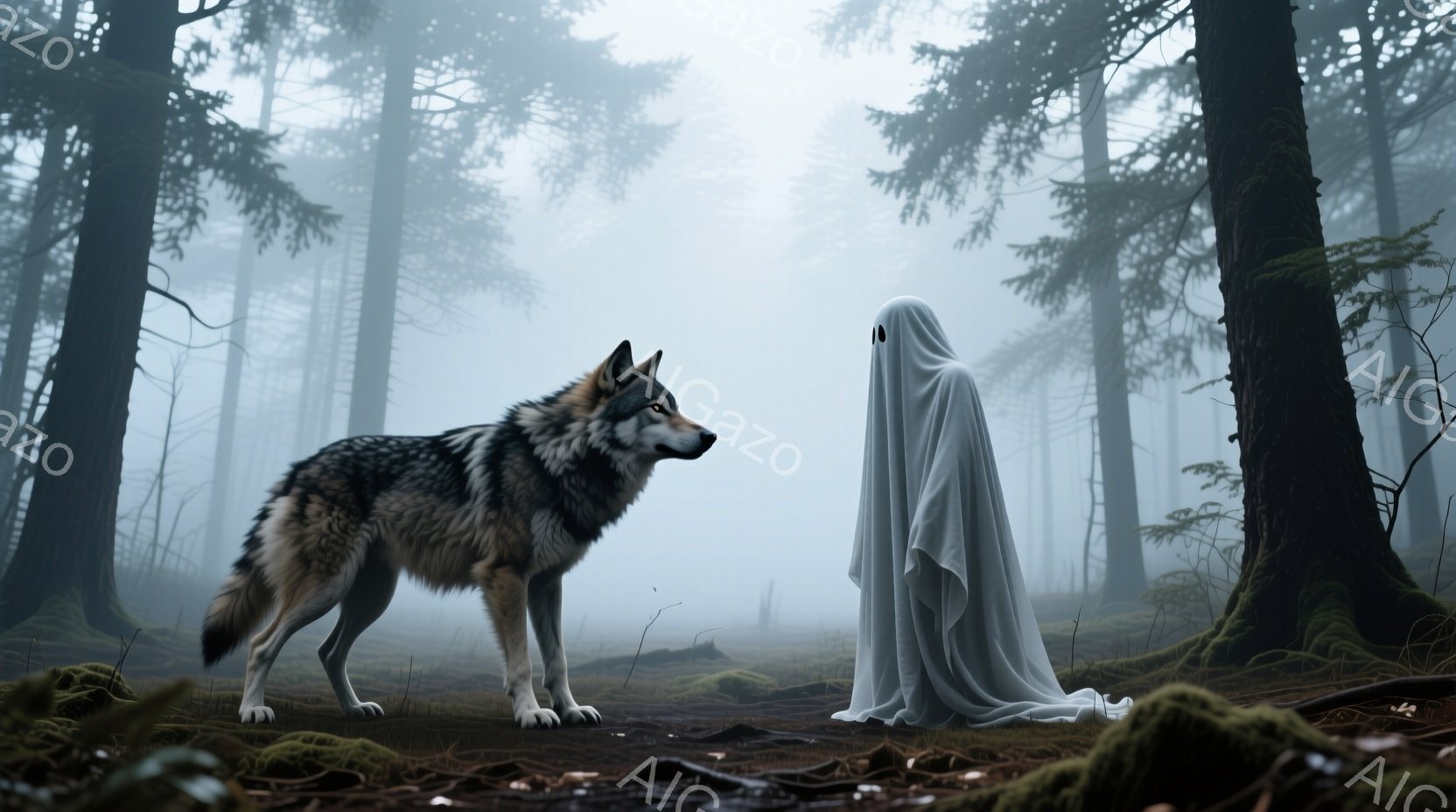灰色の狼が森の中に立っており、警戒した表情で何かを見つめている。対面には白い幽霊のような姿が、ローブを纏って静かに立っている。背景は霧に包まれた暗い森で、地面には苔が生え、不気味で神秘的な雰囲気が漂っ - AI生成フリー素材