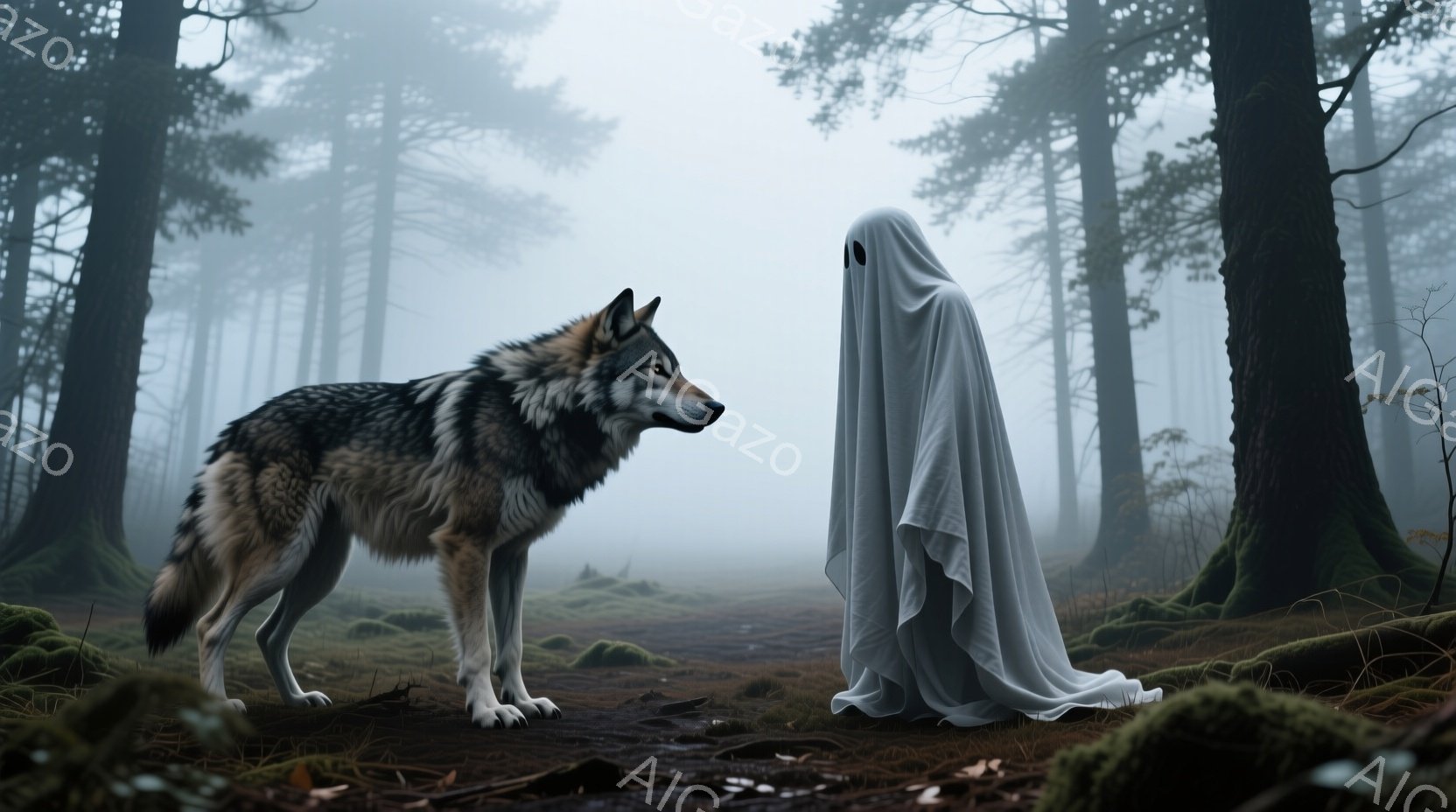 霧深い森の中に、灰色がかった狼が立っている。狼は警戒した表情で前方を凝視しており、その視線の先には白い布で覆われた人影がぼんやりと見え、まるで幽霊のような姿で静止している。周囲は木々が生い茂り、地面は落ち葉と苔で覆われ、全体的に不気味で神秘的な雰囲気が漂っている。
