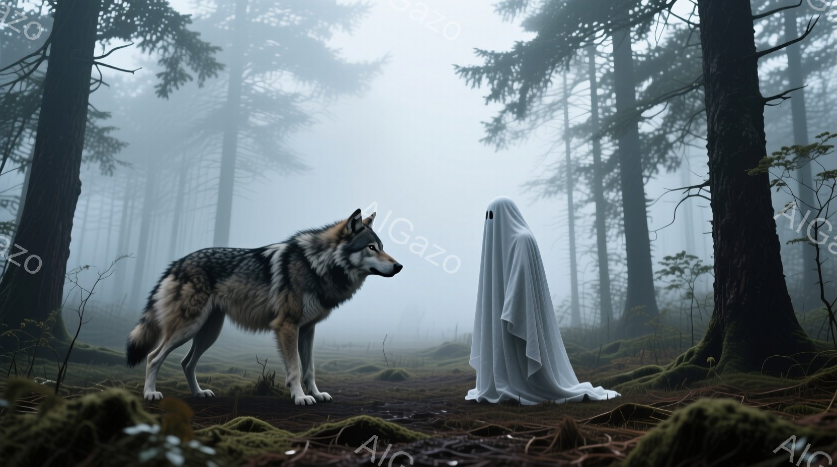 濃い霧に包まれた森林の中で、灰色のオオカミが白い幽霊のような姿の人物と対峙している。幽霊のような人物は白い布で覆われ、顔や髪型は見えないが、静かに立っている。周囲は苔むした地面と立ち並ぶ木々で、重厚で神秘的な雰囲気を醸し出している。