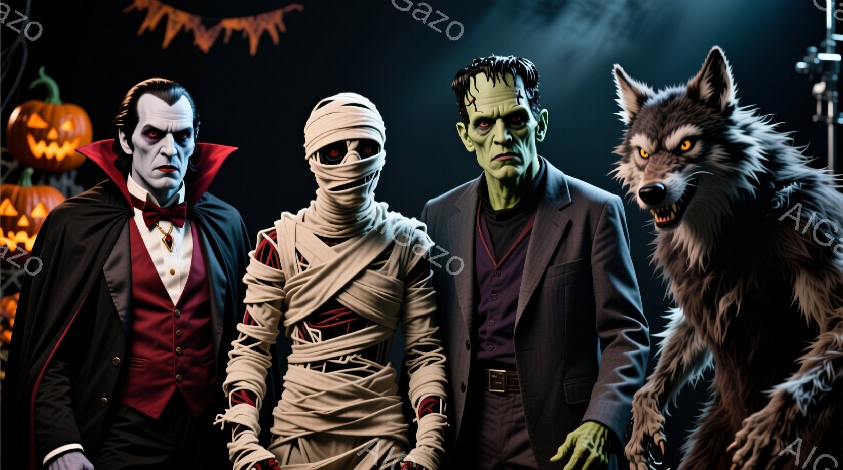 ヴァンパイア、ミイラ、フランケンシュタインの怪物、そして狼男が並んで立っている。ヴァンパイアは黒いスーツに赤いベスト、そして赤いマントを羽織り、整髪された髪と鋭い眼差しをしている。背景にはハロウィーンの装飾であるカボチャが並び、薄暗い雰囲気の中に不気味なハロウィーンの夜を感じさせる。