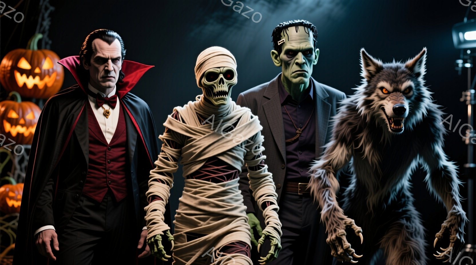 画面には、ドラキュラ、ミイラ、フランケンシュタインの怪物、そして狼男の四体のモンスターが並んでいます。ドラキュラは黒いスーツに赤いネクタイを締め、整った髪型で冷たい表情を浮かべています。背景には、ハロウィーンの装飾であるカボチャや、薄暗い空と建物のシルエットが見え、不気味な雰囲気を醸し出しています。