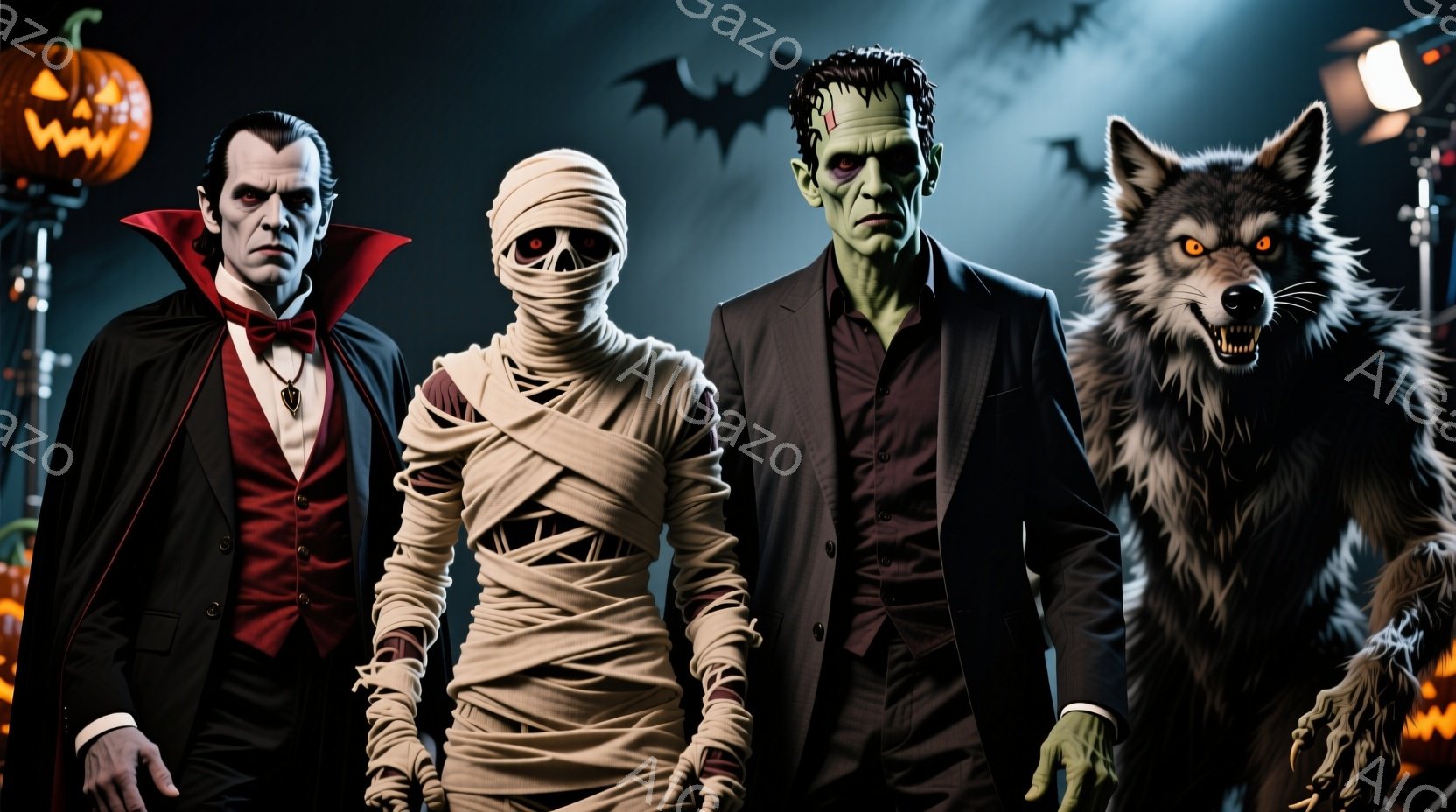 ヴァンパイア、ミイラ、フランケンシュタイン、そして狼男が並んで立っている。ヴァンパイアは黒いスーツに赤いネクタイとマントをまとい、ミイラは全身を包帯で覆われている。背景には、カボチャのランタン、コウモリ、不気味な建物があり、ハロウィンの夜の不気味な雰囲気を醸し出している。