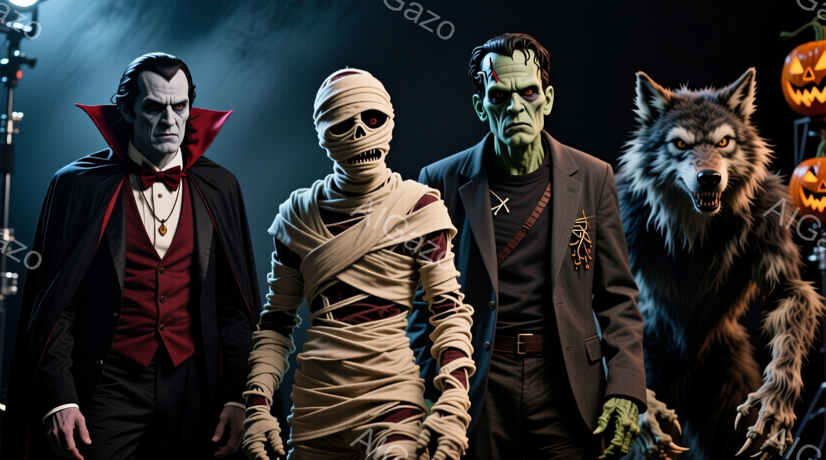 吸血鬼、ミイラ、フランケンシュタイン、そして狼男が並んで立っています。吸血鬼は黒いスーツに赤いスカーフ、ミイラは包帯で覆われ、フランケンシュタインは黒いジャケットを着ています。背景には、ハロウィーンの装飾やぼんやりとした建物が見え、全体的に不気味で神秘的な雰囲気を醸し出しています。