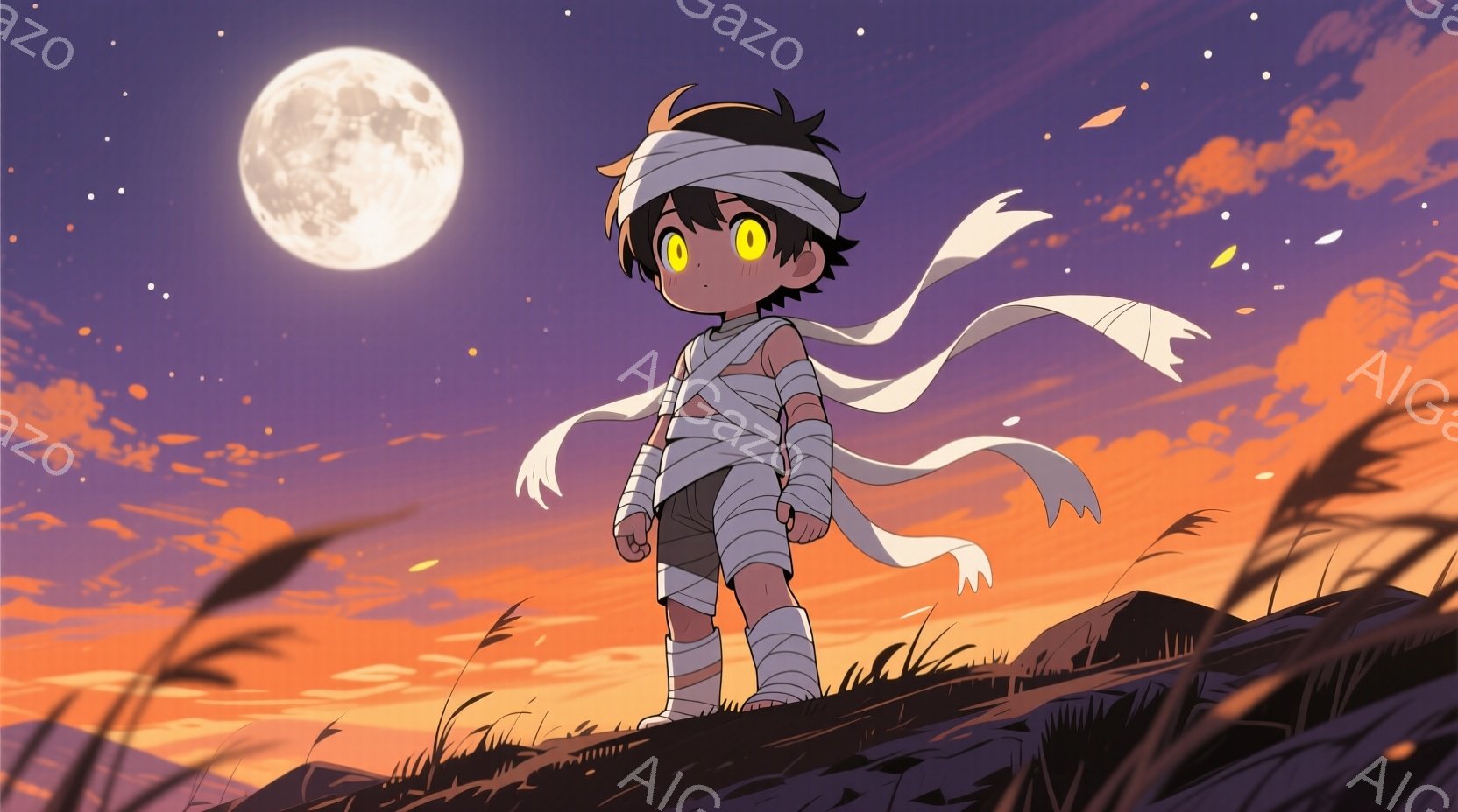 少年は頭に白の布を巻き、腕と脚に包帯を巻いている。彼は少し上向きを向いており、目は大きく輝いているように見える。背景にはオレンジと紫が混ざった夕焼け空と満月、そしてシルエットのような丘や草が生い茂る風景が広がっており、神秘的で力強い雰囲気を感じさせる。