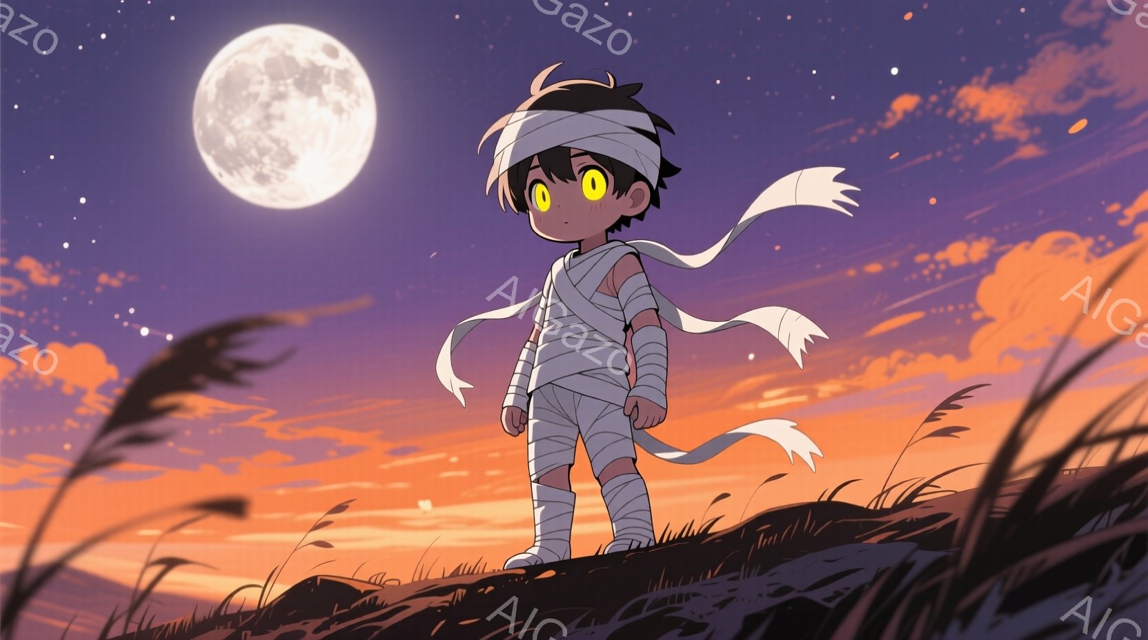 包帯で全身を覆われた少年が、夕焼けに照らされた丘の上に立っている。少年は大きな目を見開き、少し不安そうな表情をしている。背景にはオレンジと紫色の雲が広がり、大きな満月が輝いていることで、どこか幻想的で神秘的な雰囲気が漂う。