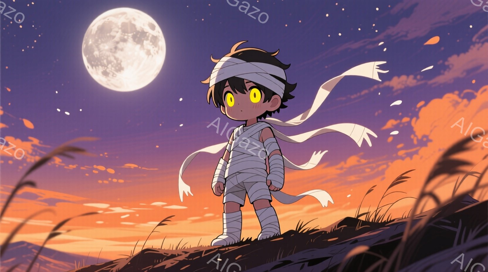 少年は、包帯で全身を覆われたミイラのような姿で、丘の上に立っている。大きな目と短い髪が特徴的で、少し不安そうな表情をしている。背景には、オレンジと紫が混ざり合った夕焼け空と満月が広がり、草の生えた丘が広がっている。