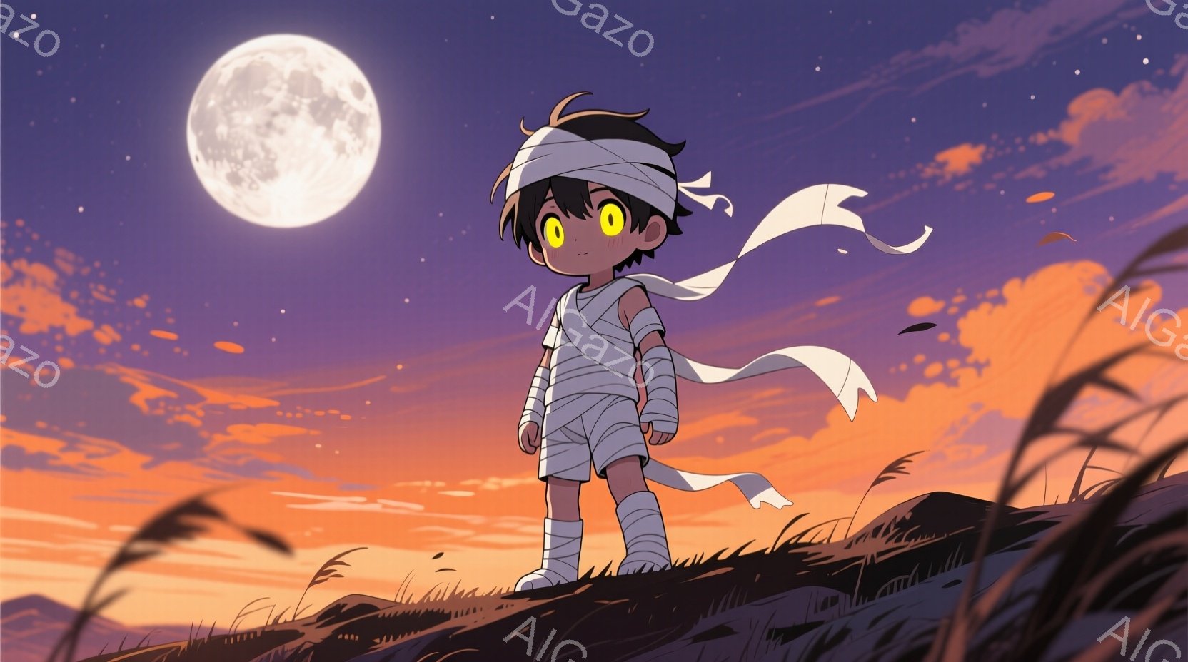 男の子は、腕と脚に包帯を巻き、頭に白い布を巻いています。彼は丘の上に立っており、少し上目遣いをして、何かを見つめているようです。背景は夕焼け空と草原で、満月が輝いており、全体的に幻想的で神秘的な雰囲気です。