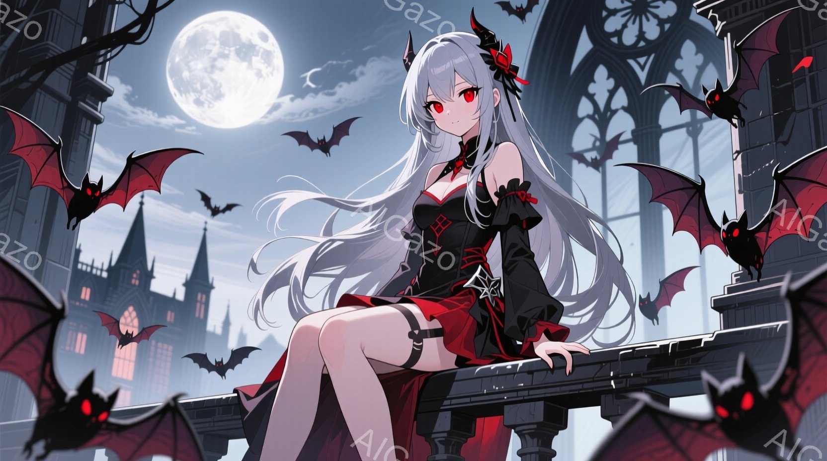 白髪の少女が黒と赤のゴシック調のドレスを着て、高い建物の縁に座っている。彼女は長い髪をなびかせ、赤い瞳でこちらを見つめている。背景にはお城のような建物と、満月を囲むたくさんのコウモリが描かれ、夜の幻想的な雰囲気が漂っている。