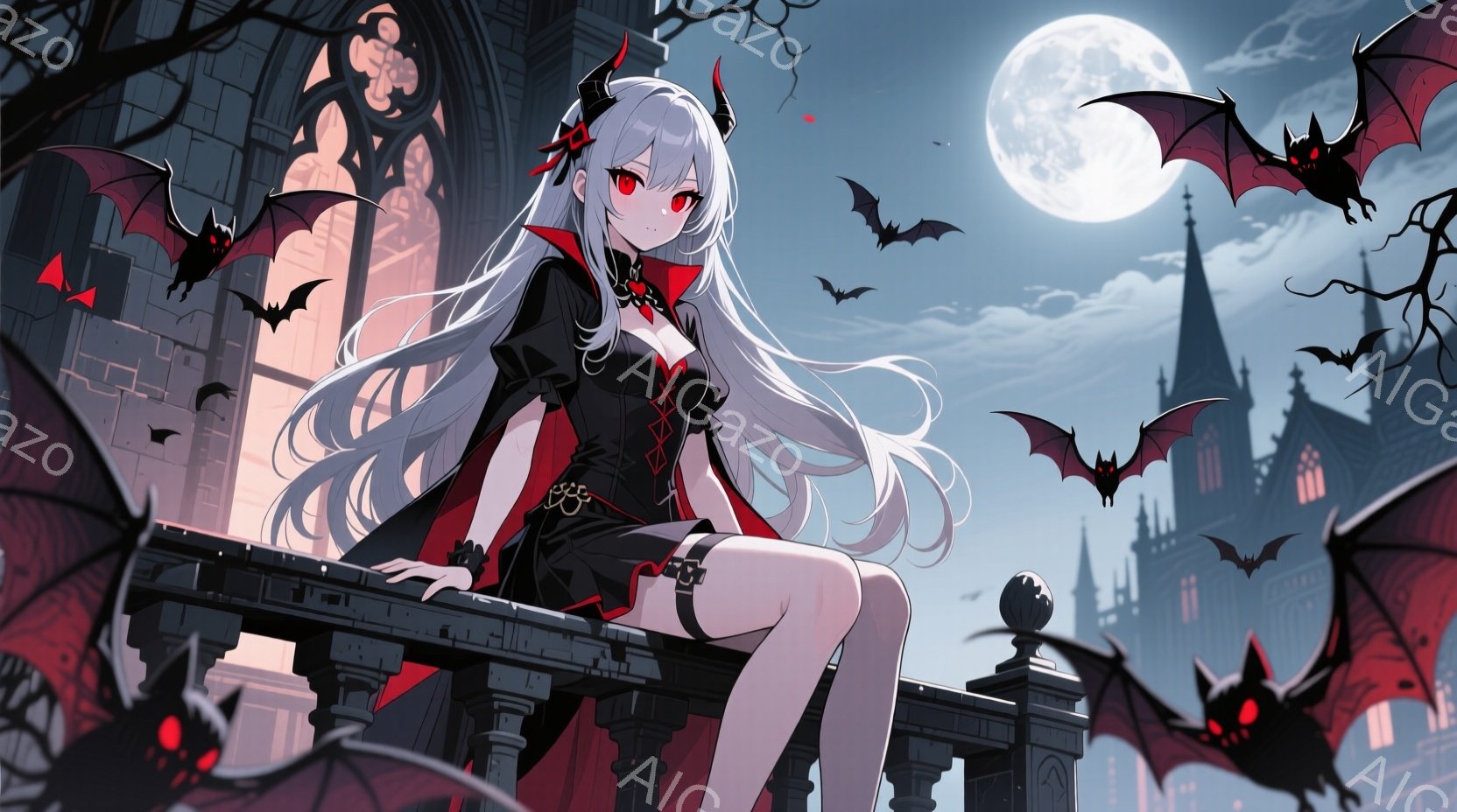 白髪の少女が黒いゴシック調のドレスと赤いマントを着て、城のバルコニーに脚を組んで座っている。彼女は赤い瞳と角を持ち、少し物憂げな表情をしている。背景には、月明かりに照らされたゴシック様式の城と、夜空を飛び交うコウモリが描かれており、神秘的で少し寂しげな雰囲気を醸し出している。
