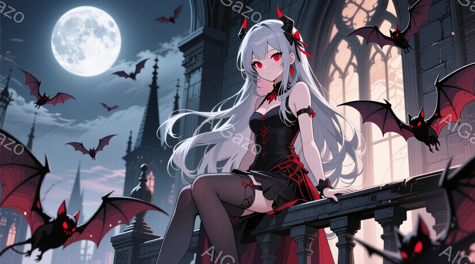 白髪の少女が黒いドレスと太もも丈の靴下を身につけ、ゴシック調のバルコニーに座っている。彼女は片足を曲げ、腕をバルコニーの手すりに乗せ、退屈そうな表情でこちらを見ている。背景には尖塔が立ち並び、夜空には満月とたくさんのコウモリが舞っている、不気味で幻想的な雰囲気である。