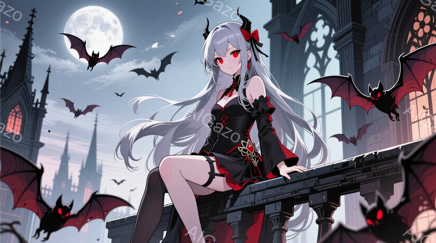 白髪の少女が、黒と赤を基調としたゴシック調のドレスを身につけ、石造りのバルコニーに座っている。彼女は片足を垂らし、優雅なポーズで前を見据え、赤い瞳はどこか物憂げだ。背景には、尖塔がそびえ立つ街並みと満月が描かれ、夜空には黒いコウモリが舞い、全体的に神秘的で少し寂しげな雰囲気が漂う。