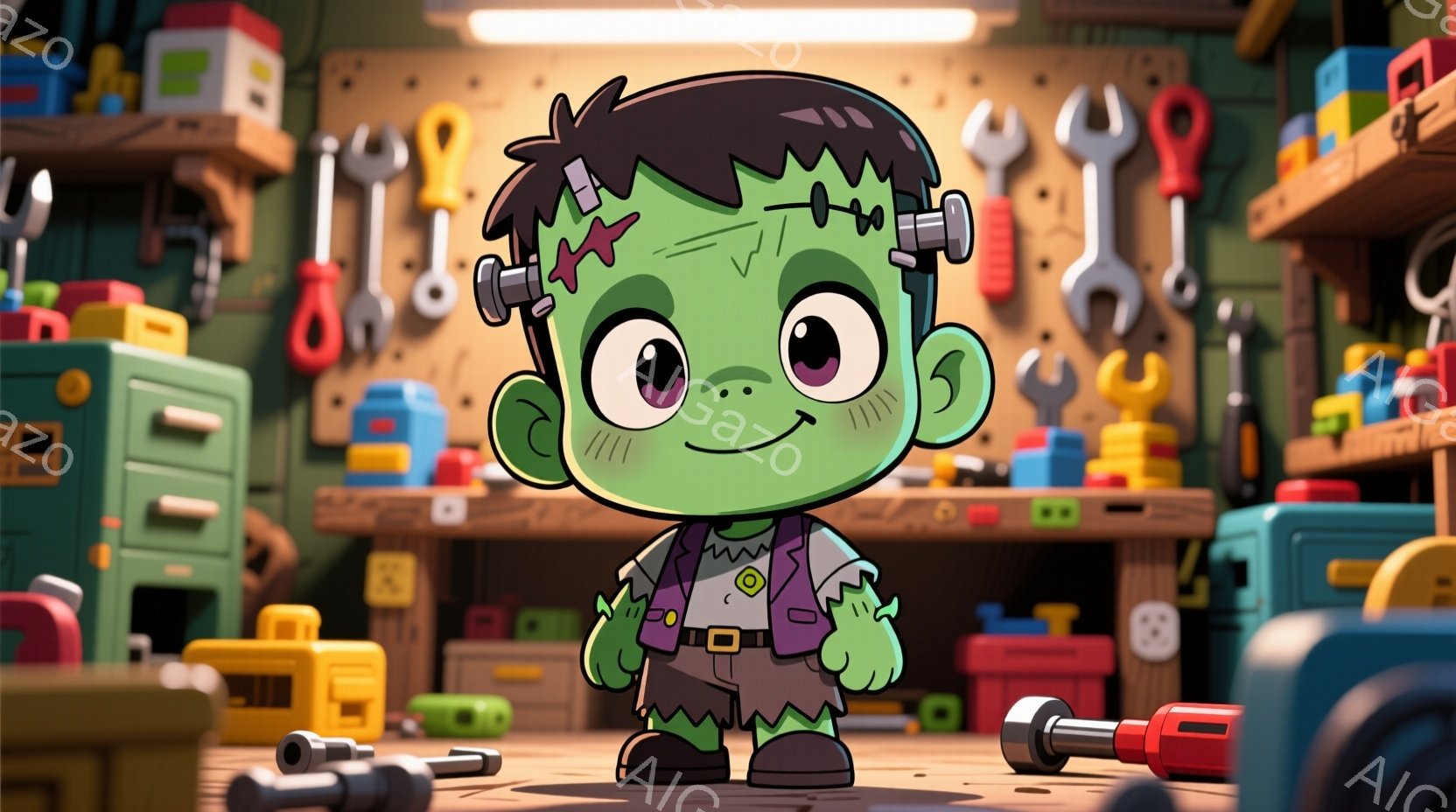 フランケンシュタインのモンスターを模した可愛らしいキャラクターを描いています。キャラクターは緑色の肌、黒いボサボサの髪、そして首にボルトが付いた典型的な姿をしています。背景は工具や部品が散らばる作業場で、明るくカラフルな雰囲気です。