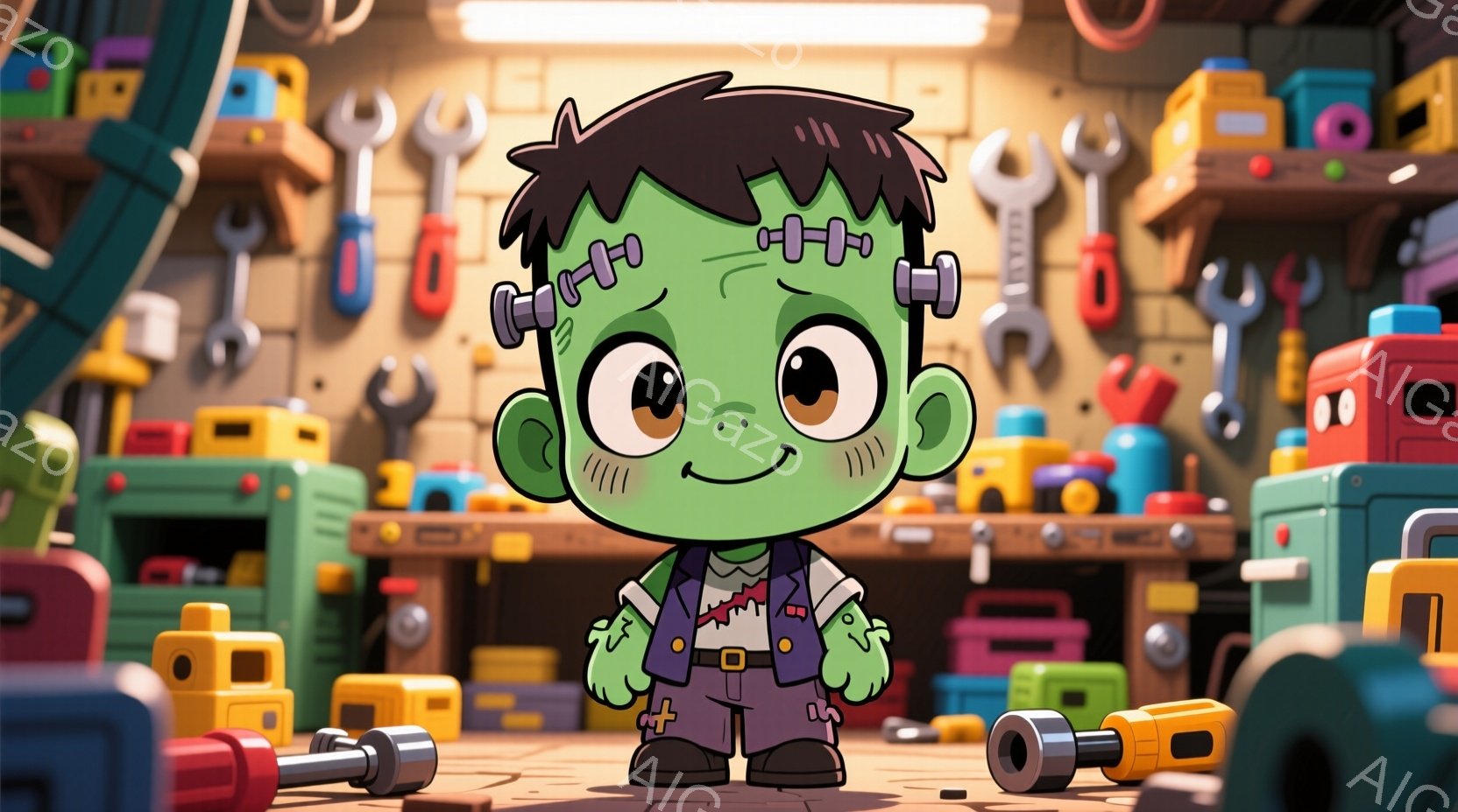 フランケンシュタイン風の小さなキャラクターが、工具やレンガのブロックでいっぱいのワークショップに立っている様子を描いています。キャラクターは緑色の肌、ボルトで固定された首、縫い目のある顔、そして赤い縞模様のシャツと黒いズボンを着ています。背景には、様々な工具やカラフルなブロックが積み重ねられており、明るく遊び心のある雰囲気です。