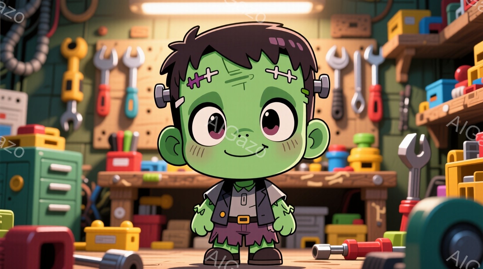 フランケンシュタイン風の小さな男の子を描いています。緑色の肌、ボルトの付いた首、黒い髪型が特徴で、明るい笑顔と大きな目で好奇心旺盛な表情を見せています。背景は工具や部品でいっぱいの作業場であり、全体的にカラフルで遊び心のある雰囲気です。