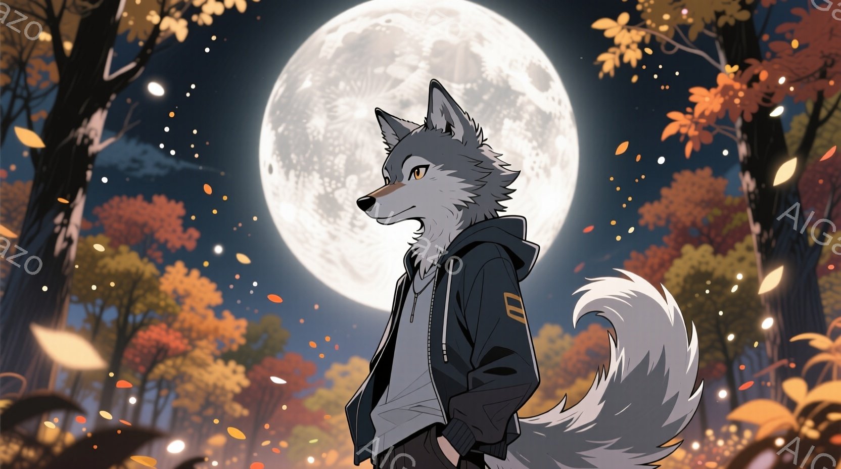 灰色の毛並みを持つ獣人の男性が、秋の森を背景に描かれています。彼はフード付きのジャケット、白いTシャツ、ズボンを着用し、両手をポケットに入れています。背景には鮮やかなオレンジと黄色の葉が舞い散る木々があり、大きく明るい満月が夜空を照らしています。