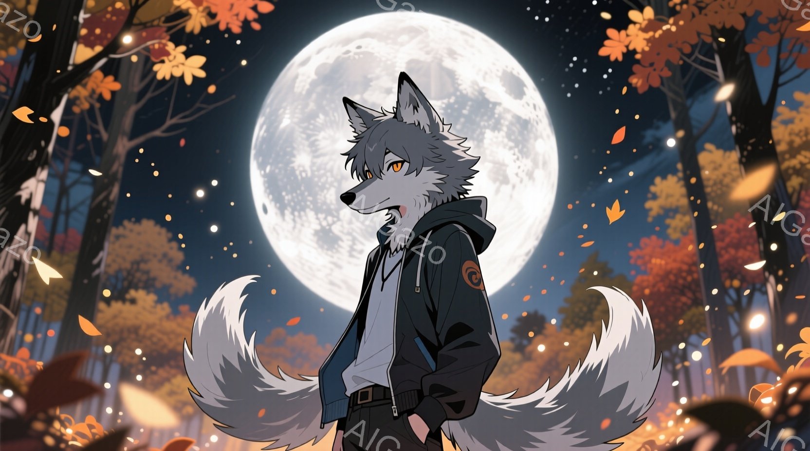 白と灰色の毛並みを持つ人狼のようなキャラクターが描かれています。黒いパーカーとズボンを身につけ、片手をポケットに入れたリラックスした姿勢で、少し横を向いて表情を隠しています。背景には赤や黄色の落ち葉が舞い散る木々と、大きく輝く満月が描かれており、秋の夜の静かで幻想的な雰囲気を醸し出しています。