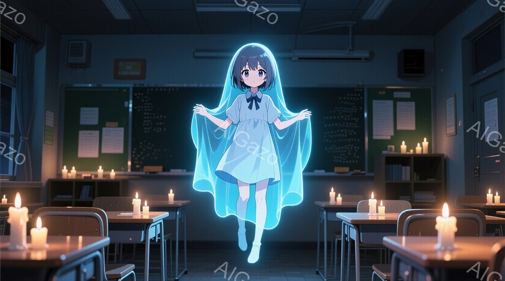 青い光に包まれた少女が教室の中央で浮遊している。彼女は白いリボンと青いワンピースを着ており、長い髪は背中に伸びている。教室には机と椅子が並び、たくさんのロウソクが灯されており、少し不気味で神秘的な雰囲気を醸し出している。
