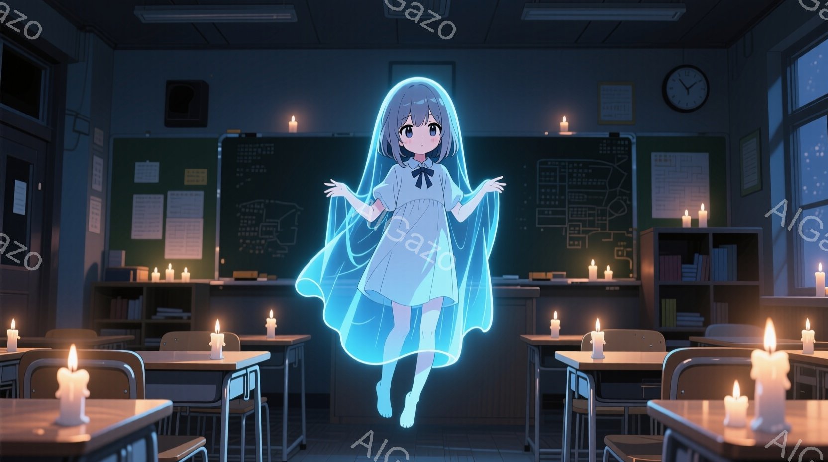 教室の中央に、青白い光を放つ少女が浮かんでいる。短い青髪で、白いワンピースとリボンをつけており、表情は穏やかで少し寂しげだ。教室には机と椅子が並び、黒板には何かの図が描かれており、周囲にはロウソクが灯され、夜空には星が輝いている。