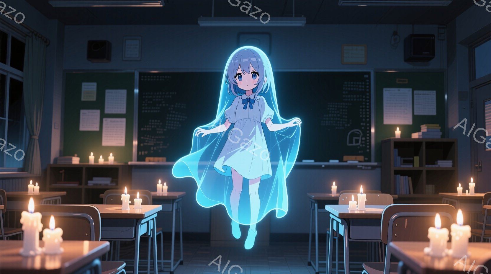 教室に青い光を放つ少女が浮かんでおり、白いワンピースと青いリボンが特徴的です。彼女は両手を広げ、空中に静止しており、表情は穏やかでどこか寂しげです。教室には多くのキャンドルが灯されており、暗い雰囲気の中に光が揺らめき、少し不気味ながらも幻想的な空間を作り出しています。