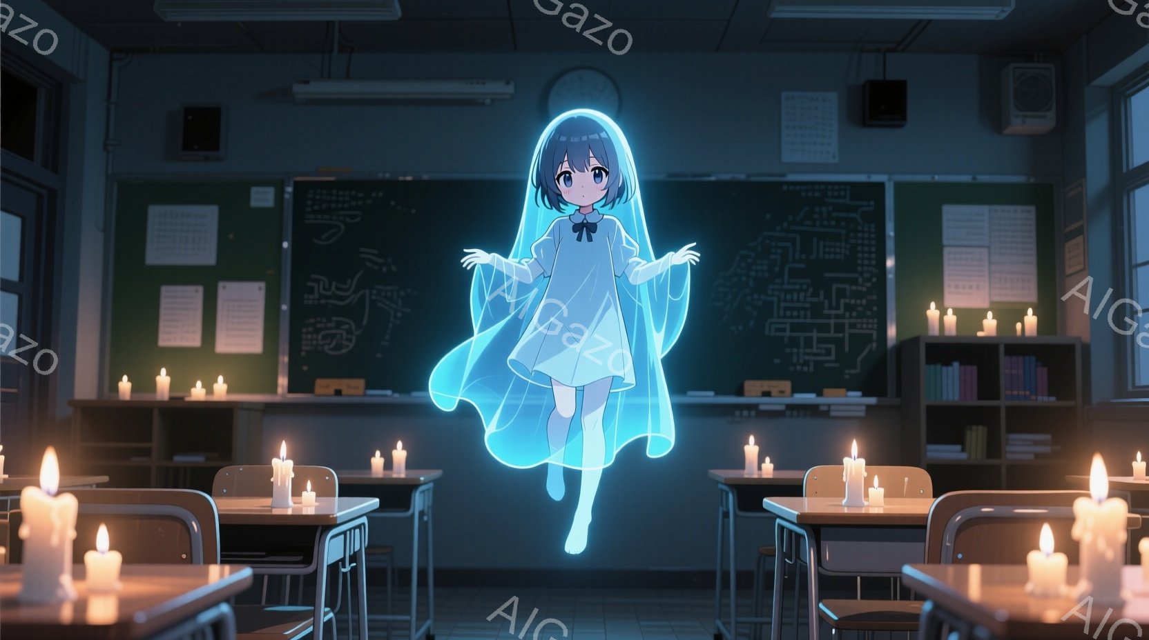 教室に青白い光を放つ少女が浮かんでいる。彼女は白いワンピースのような服を着ており、髪は長く、表情は穏やかで少し物憂げだ。教室にはたくさんのロウソクが置かれており、壁には何かの図が描かれている、少し不気味で幻想的な雰囲気である。