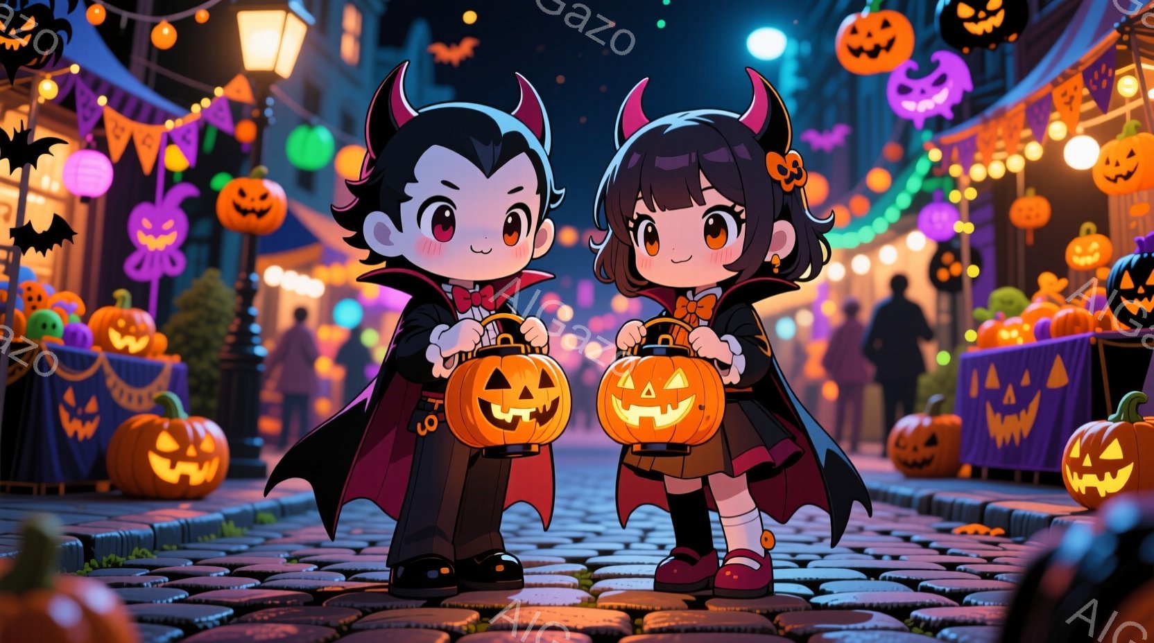 ハロウィンの夜を舞台に、吸血鬼と魔女の格好をした子供たちが、それぞれカボチャのランタンを持って立っています。少年は黒いスーツにマント、整髪された髪と自信に満ちた表情、少女は紫色のドレスと帽子、三つ編み - AI生成フリー素材