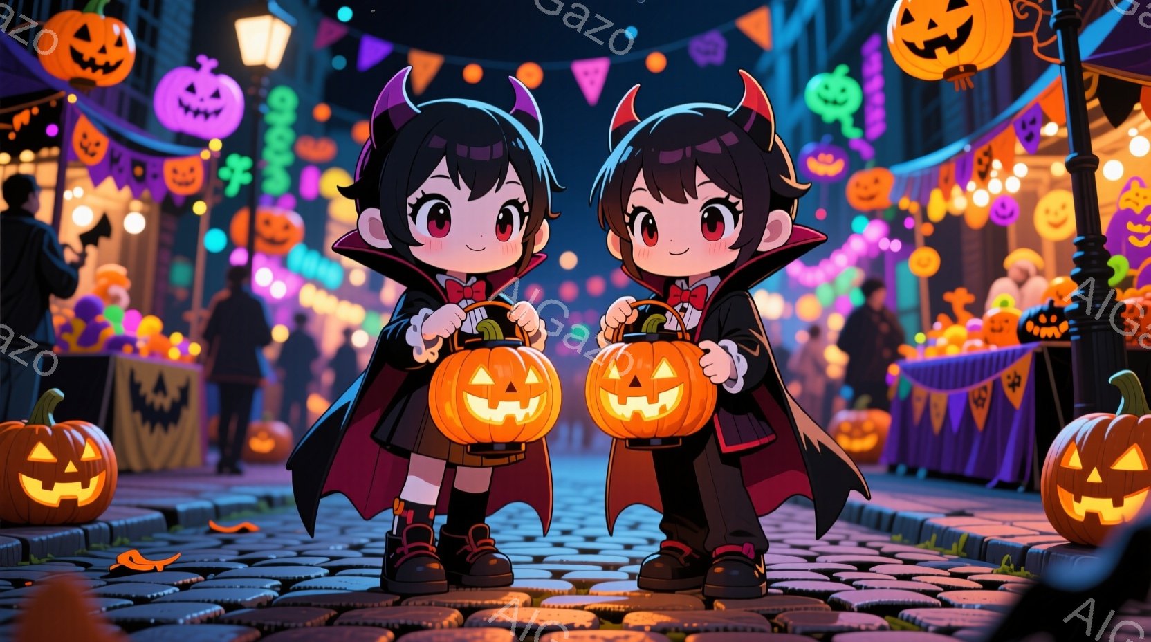 二人の少女はハロウィーンの衣装を着て、それぞれカボチャのランタンを持って立っています。黒髪で赤いリボンをつけた可愛らしい髪型で、大きな瞳は楽しげな表情をしています。背景には、様々なハロウィーンの飾り付けや提灯が飾られた夜の街並みが広がっており、お祭り騒ぎの賑やかな雰囲気が感じられます。