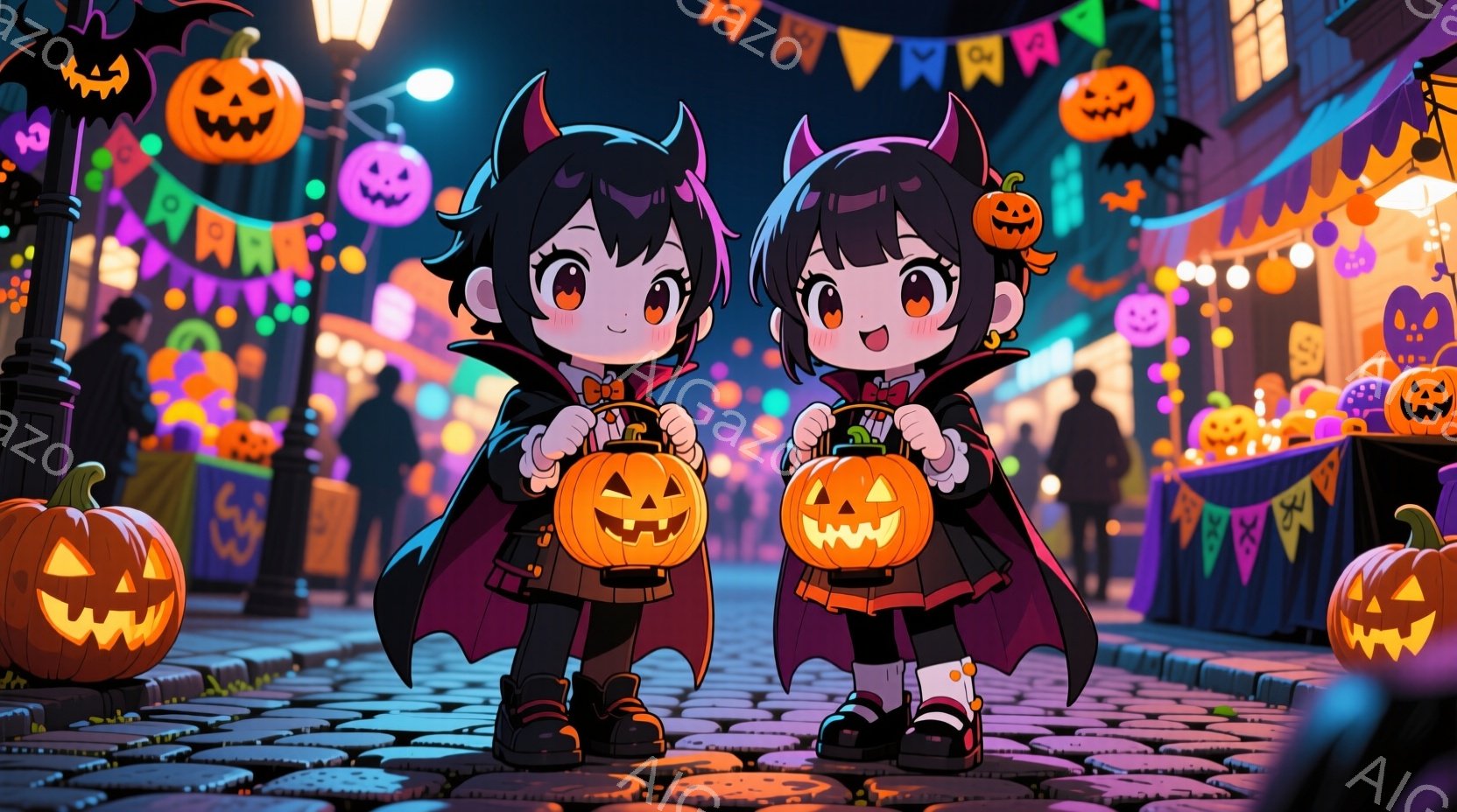 可愛らしい少女がハロウィーンの衣装を着て、カボチャのランタンを持って立っている。彼女は黒いワンピースに、紫色のマントと翼、そして黒いブーツを履いている。背景には、ハロウィーンの飾り付けがされた建物や通り、そして様々なカボチャのランタンが並び、お祭り騒ぎの活気のある雰囲気を感じさせる。