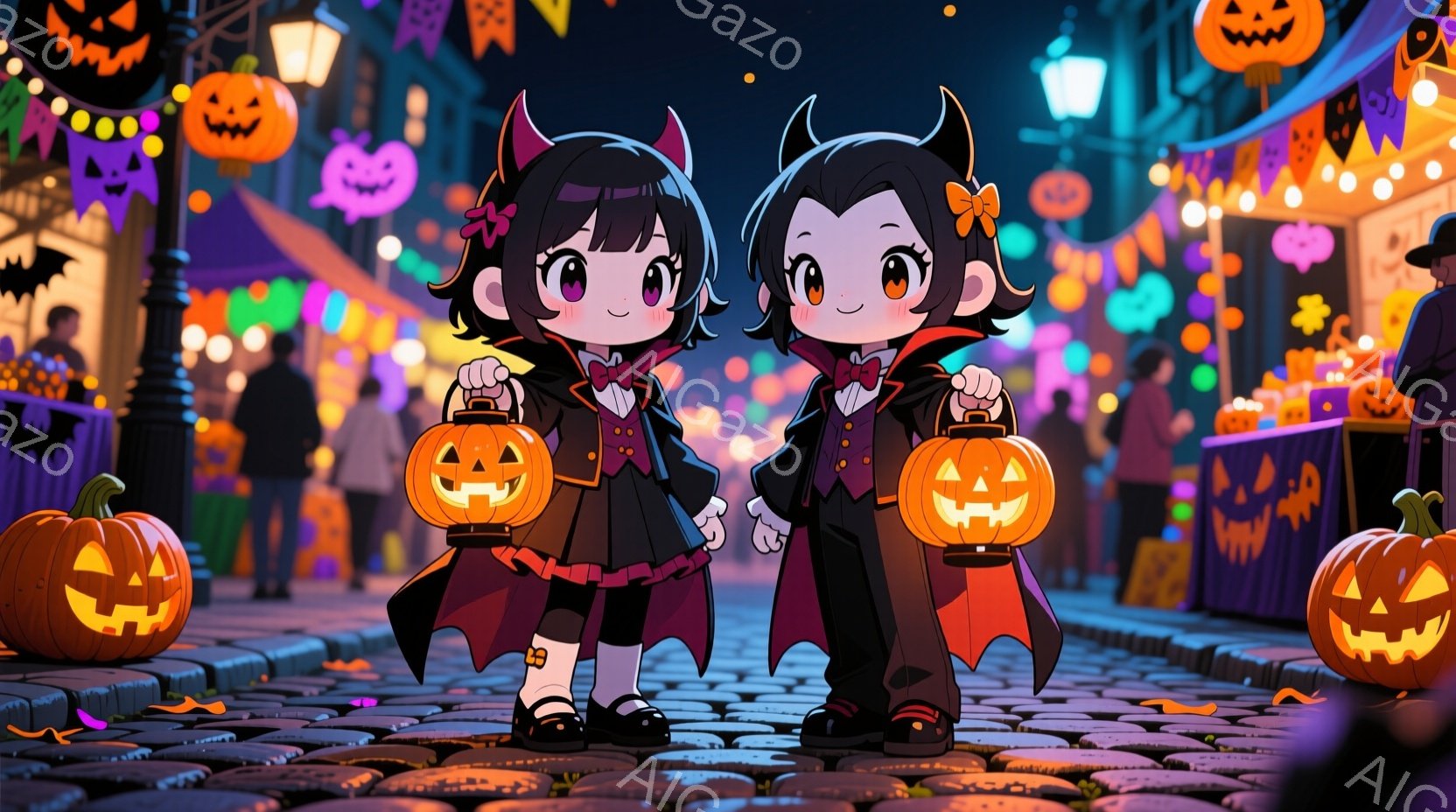 ハロウィーンの夜、可愛らしい双子の女の子がカボチャのランタンを持って歩いています。黒いドレスに黒いケープ、頭には小さな角飾りをつけており、つややかな黒髪は肩のあたりで切り揃えられています。背景には、色とりどりのハロウィーン装飾が施された賑やかな通りが広がり、暖かい光が灯っています。