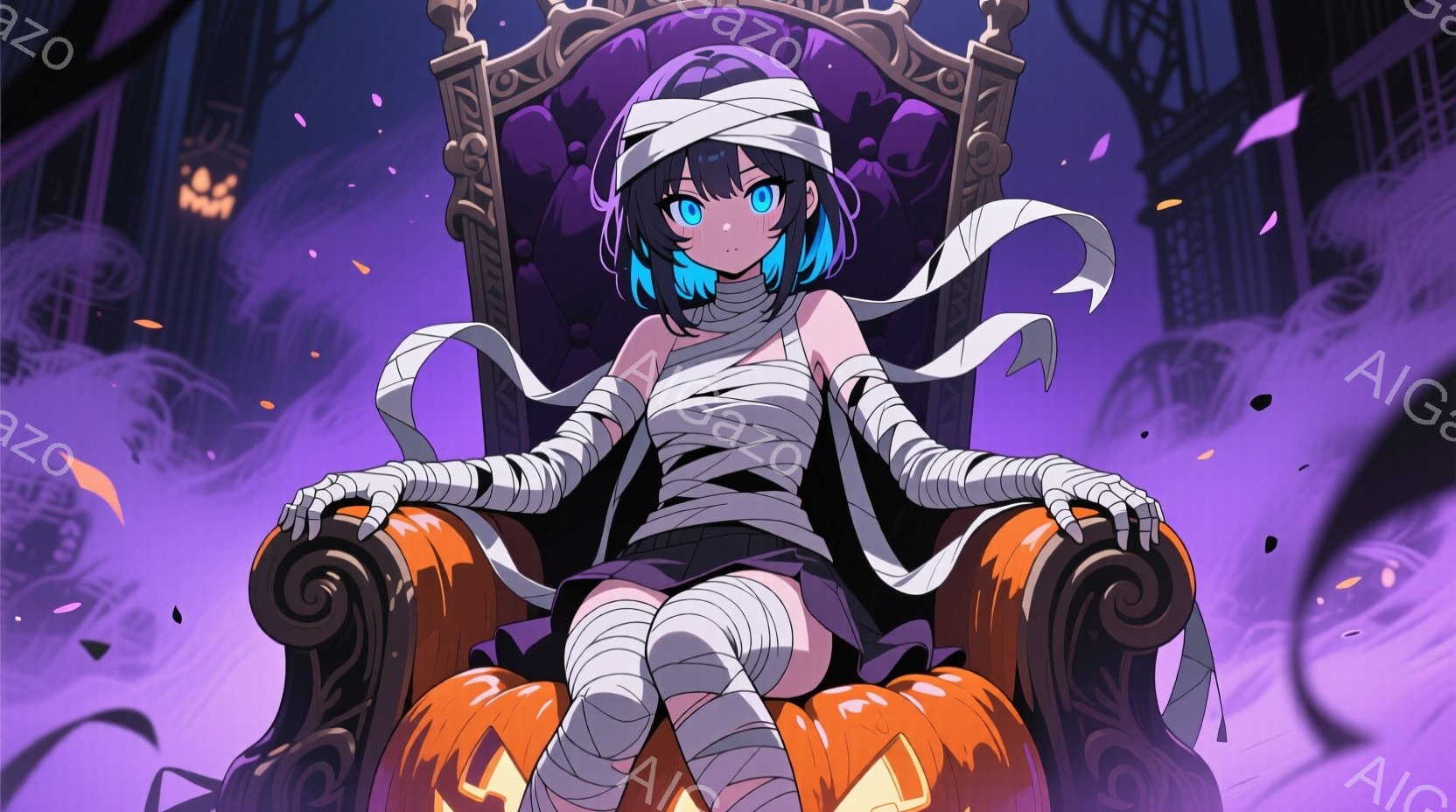 紫色の背景に、ミイラのような包帯で手足が巻かれた少女が、ハロウィーンを象徴するカボチャの装飾が施された豪華な椅子に座っています。彼女は短い黒髪に青いハイライトが入っており、大きな目でこちらを見つめてお - AI生成フリー素材