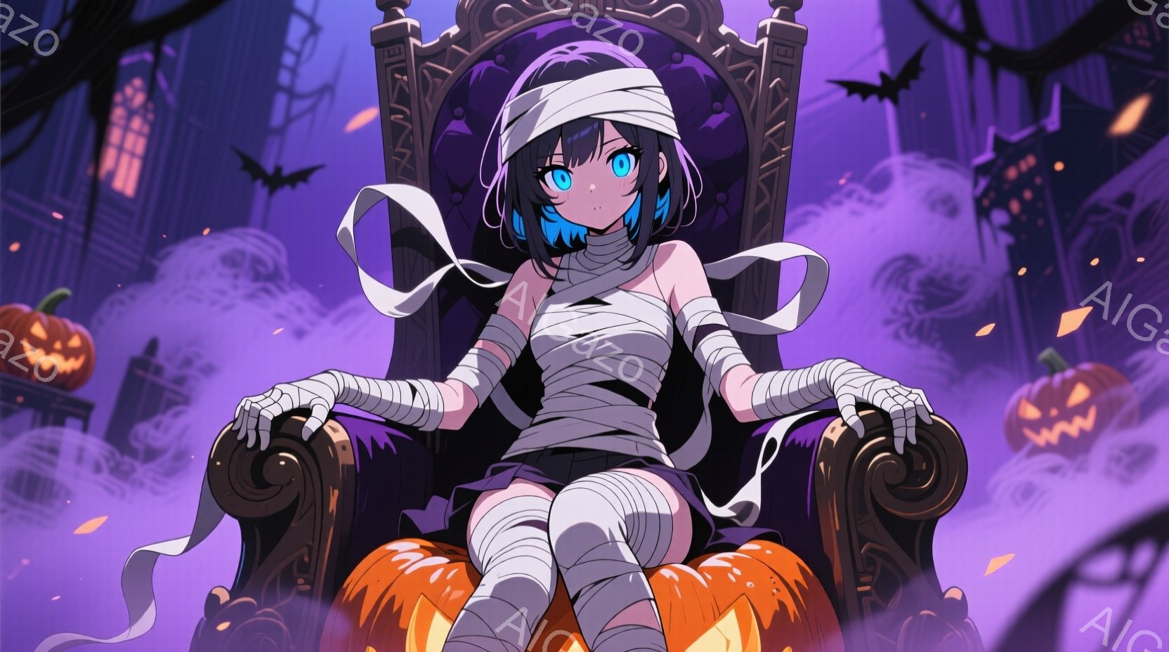 紫色の背景に、ミイラの衣装を身につけた少女が、装飾的な椅子に座ってこちらを見つめています。彼女は黒い髪を肩まで伸ばし、目は鮮やかな水色で、少しいたずらっぽい表情を浮かべています。背景には、カボチャのラ - AI生成フリー素材