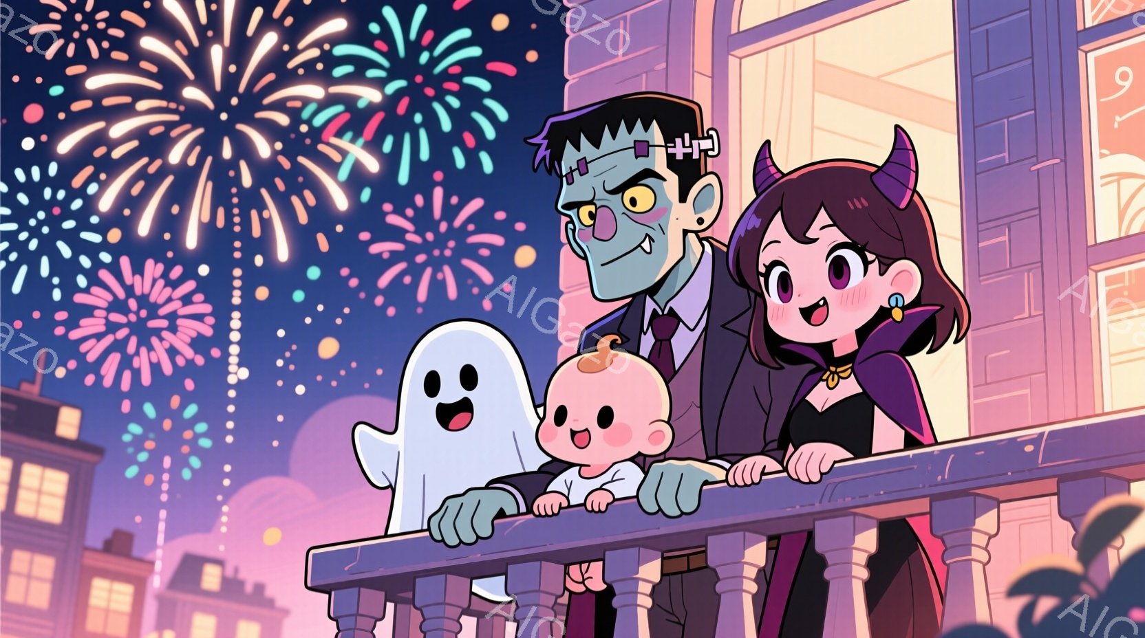 ハロウィーンの夜、フランケンシュタイン、魔女、お化けの家族がバルコニーから花火を見ている。フランケンシュタインは緑色の肌と髪、魔女は黒いドレスと赤いリボン、お化けは白い体に大きな目をしており、全員が楽 - AI生成フリー素材