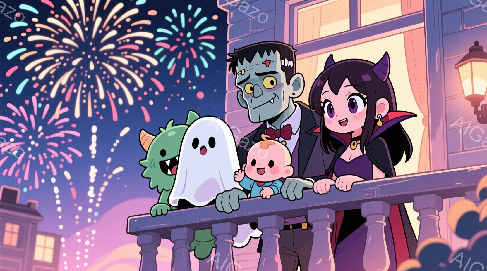 ハロウィーンの夜、フランケンシュタイン、幽霊、モンスター、そして吸血鬼の家族がバルコニーから花火を見ている様子が描かれている。フランケンシュタインはスーツにネクタイ、幽霊は白い布をまとい、モンスターは緑色の肌と角を持ち、吸血鬼は黒いドレスと赤いマントを身に着けている。背景にはカラフルな花火が咲き乱れ、建物が並び、お祝いムード満載の夜を表現している。