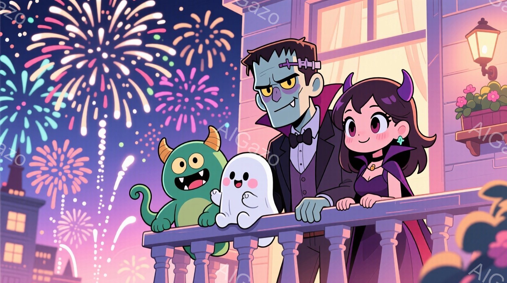 賑やかな花火大会の夜、怪物の家族がバルコニーから眺めている。フランケンシュタインの怪物、魔女、そして小さな幽霊と緑色のモンスターが寄り添い、楽しそうに花火を見上げている。背景には可愛らしい建物が並び、お祝いの雰囲気で満ちている。